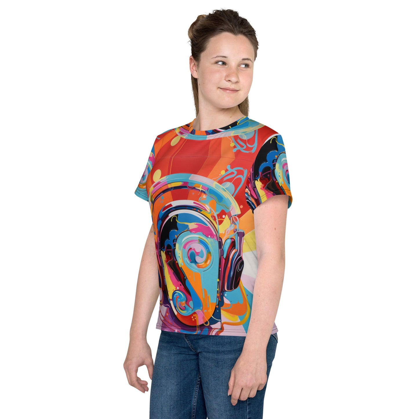 Front Nikki Max Headphones Face Youth crew neck t-shirt #MzKittyz #NikkiDKatArt