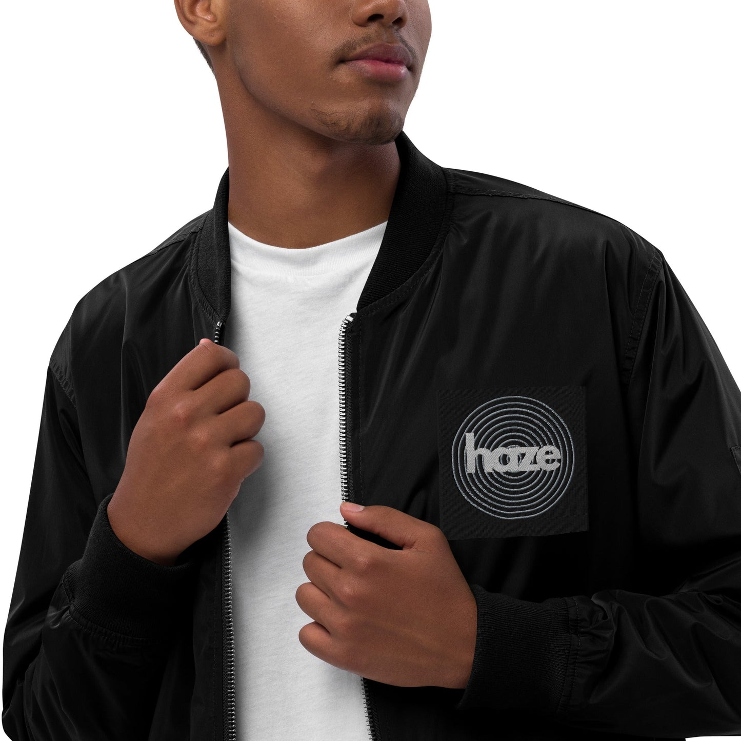 Front haze logo Embroidered Unisex Premium recycled bomber jacket Jacket #MzKittyz #NikkiDKatArt