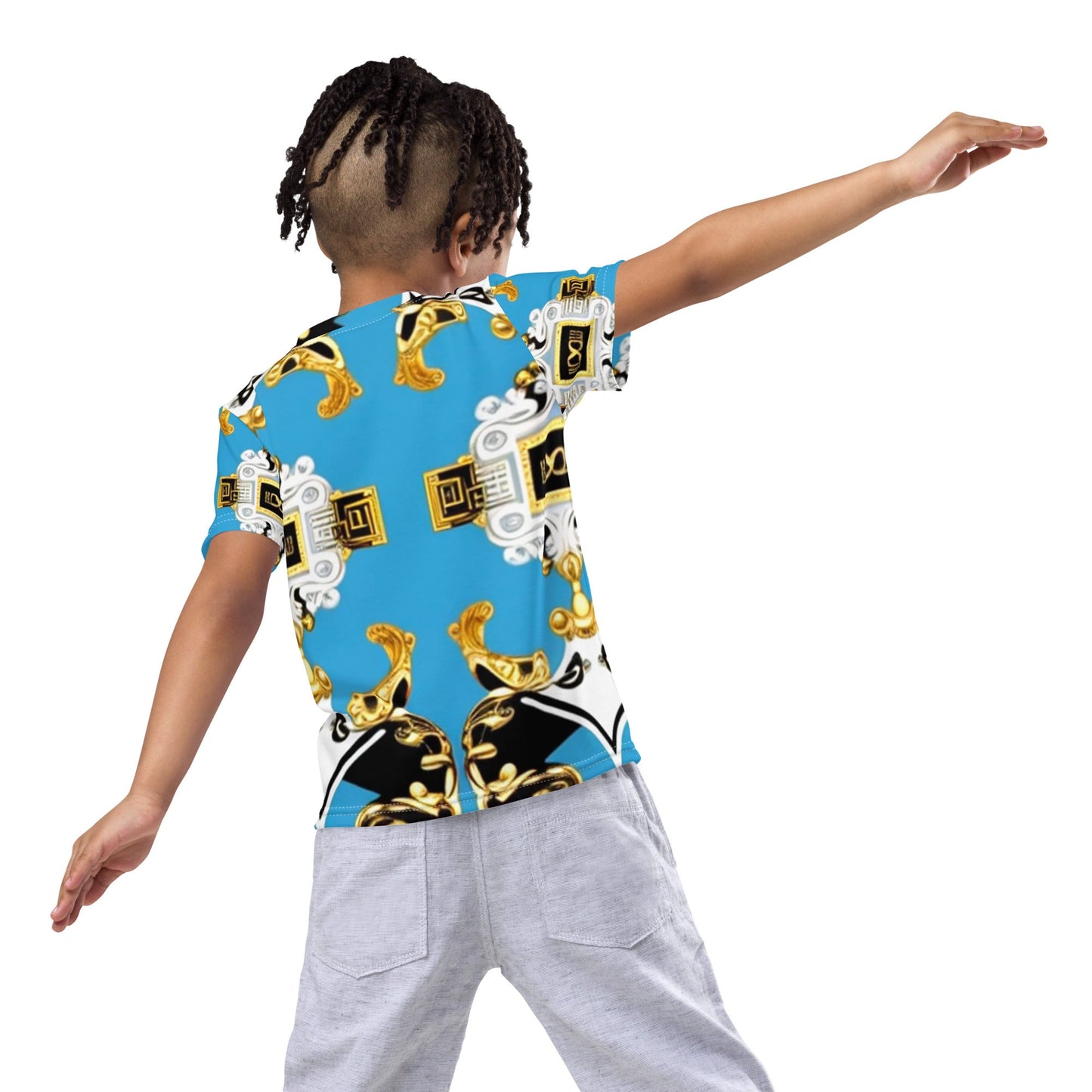 Front Blue Scroll Signature Scarf Design Kids crew neck T-shirt Tshirt, Kids #MzKittyz #NikkiDKatArt