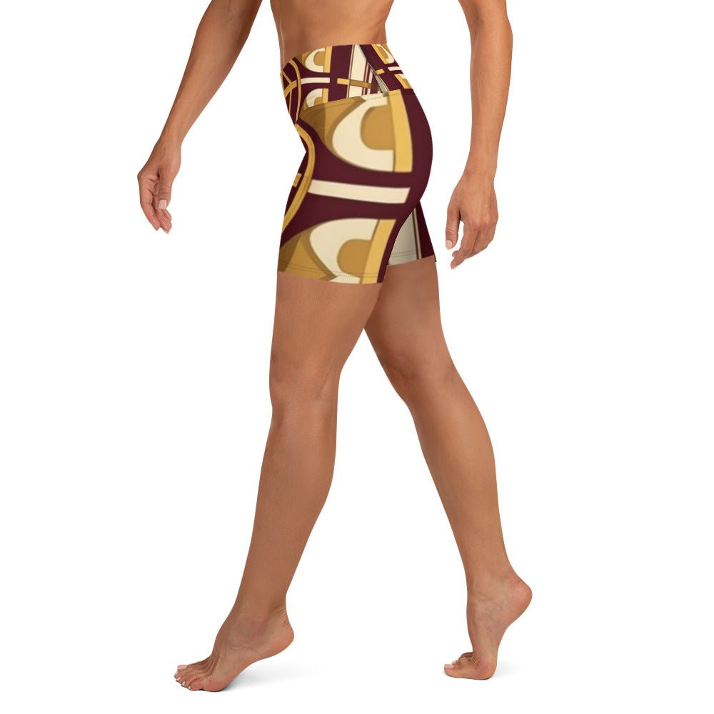 Front Burgundy Signature Scarf Design Women's Yoga Shorts yoga #MzKittyz #NikkiDKatArt