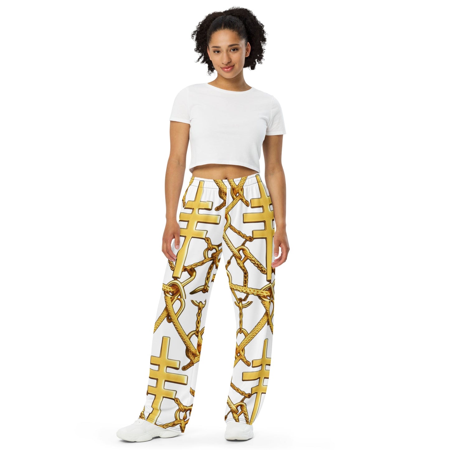 Front Gospel Link Chain unisex wide-leg pants Wide Legged Pant #MzKittyz #NikkiDKatArt