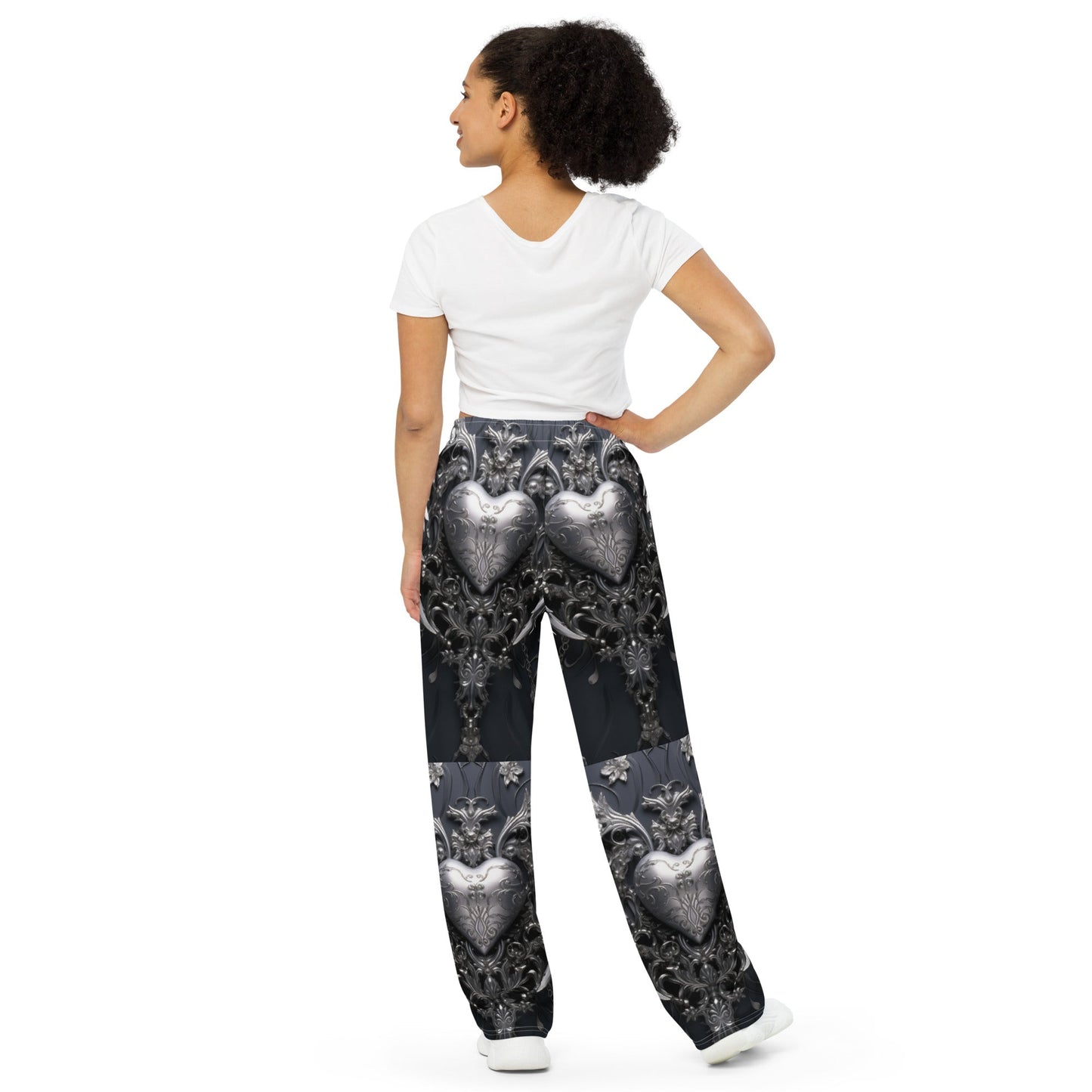 Front Hearts of Chrome All-over print unisex wide-leg pants Wide Legged Pant #MzKittyz #NikkiDKatArt