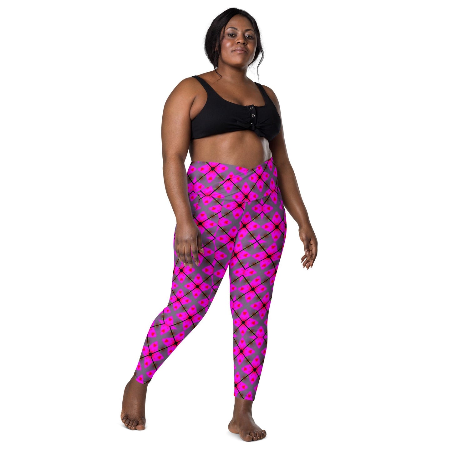 Front Pink Plaid Crossover leggings with pockets #MzKittyz #NikkiDKatArt