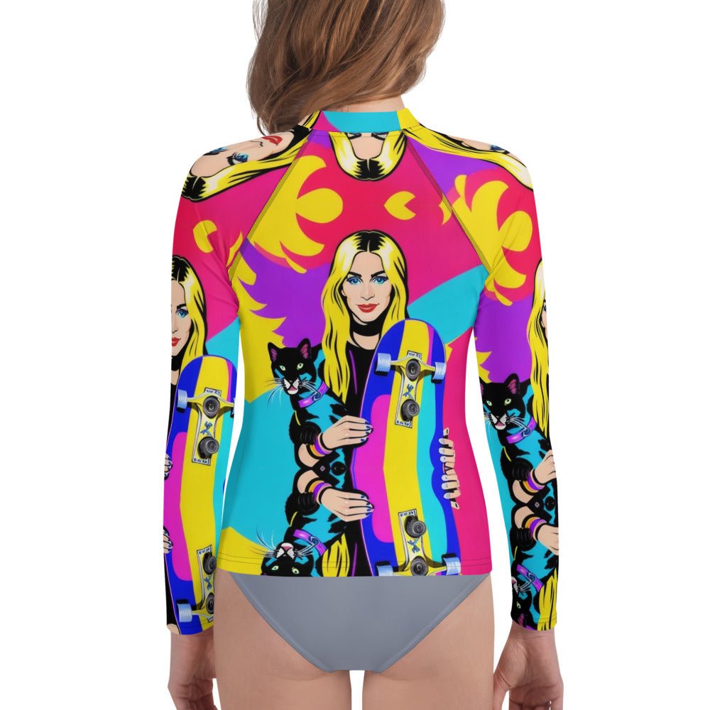 Front Mz Kitty Skateboard Kat Youth Rash Guard Shirt Moisture Wicking Shirt #MzKittyz #NikkiDKatArt