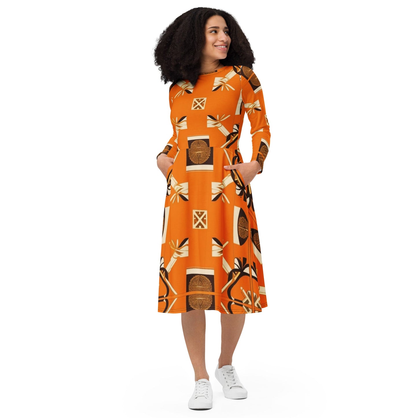 Front MzKittyz Signature Scarf Design in Orange - All-over print long sleeve midi dress w/pockets mid length #MzKittyz