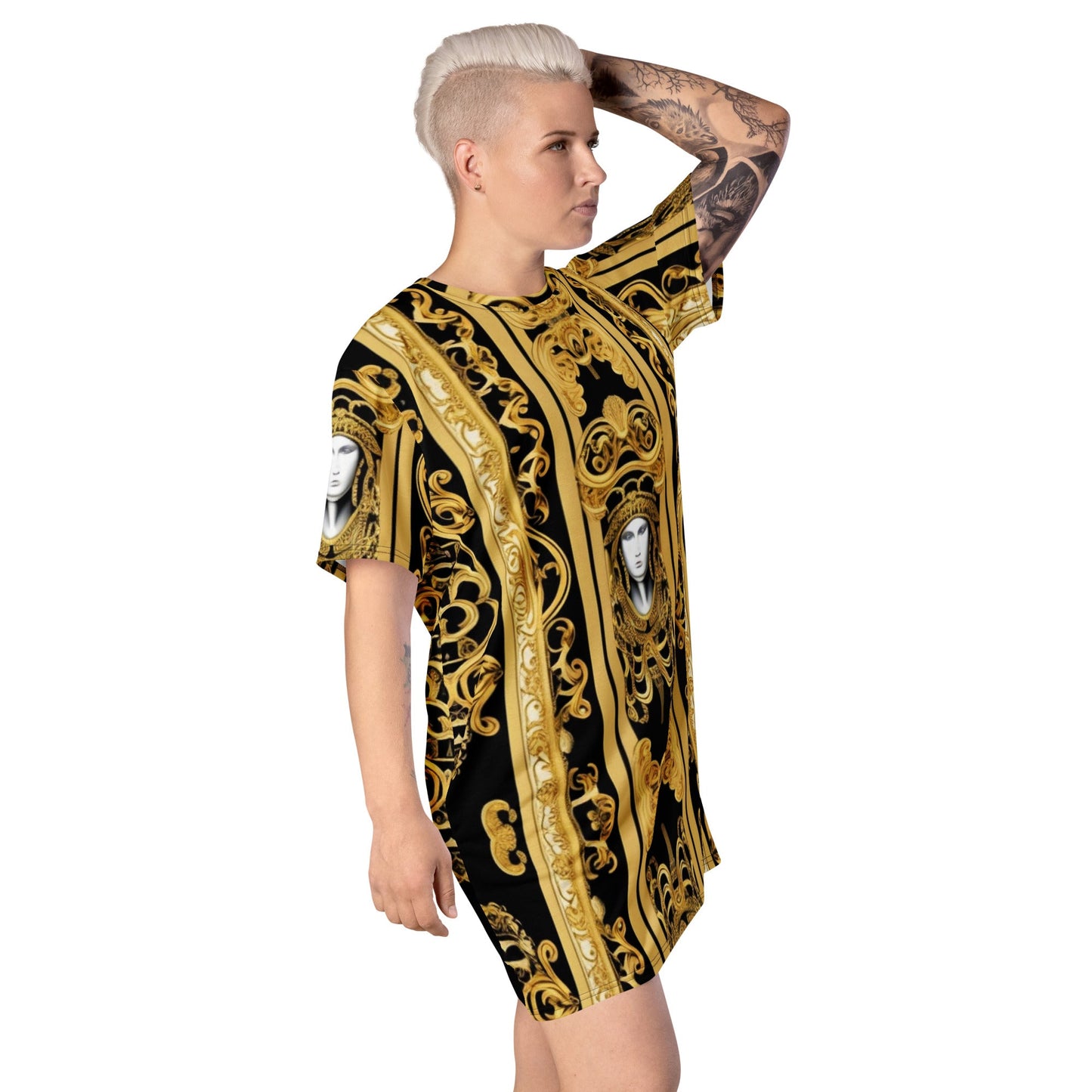 Front Gold & Black Baroque Scarf Design T-shirt dress T-shirt #MzKittyz #NikkiDKatArt