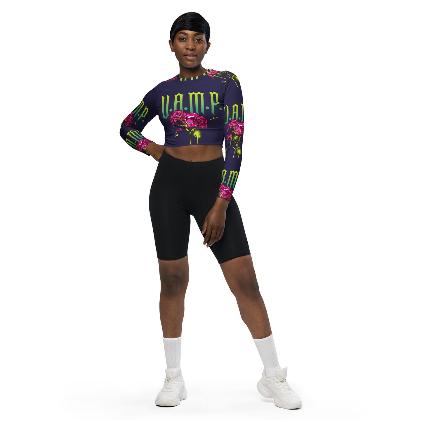 Front V.A.M.P. Vampire Rose Recycled long-sleeve crop top #MzKittyz #NikkiDKatArt