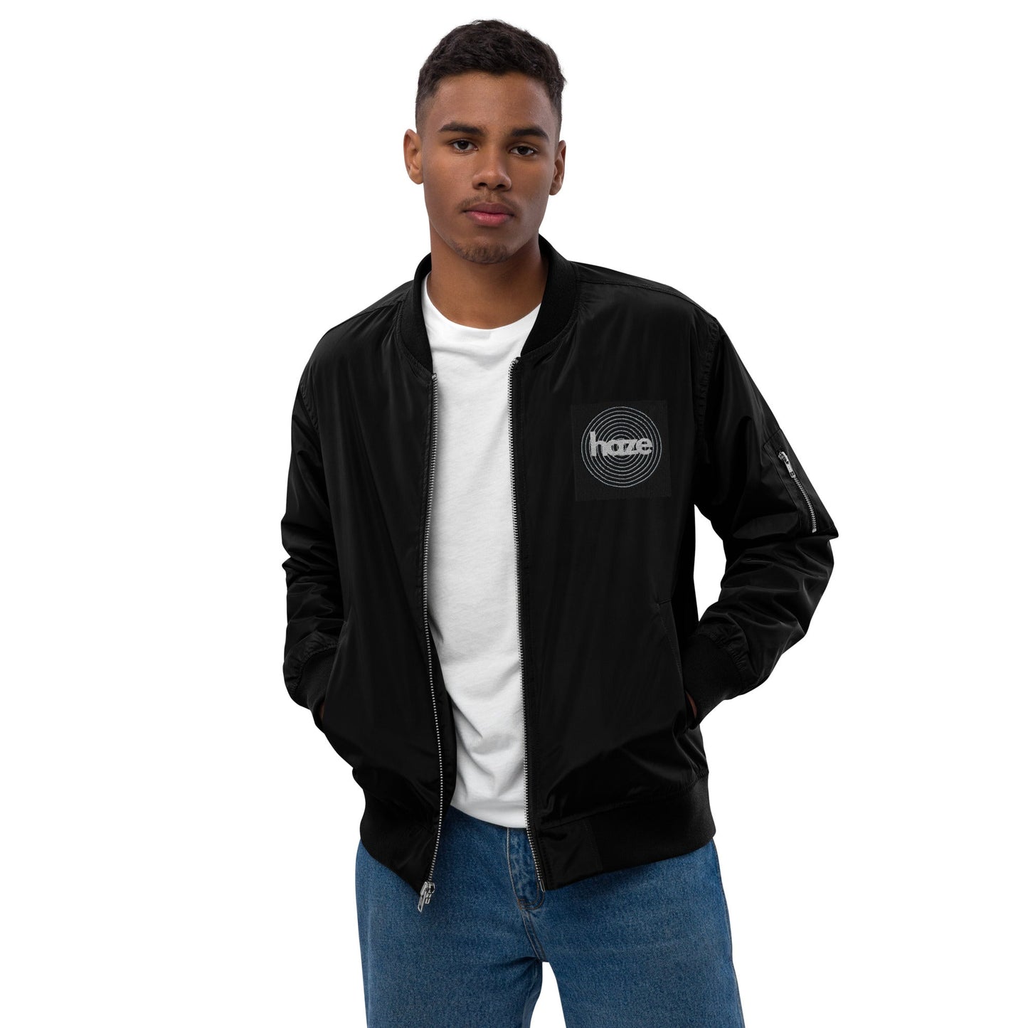 Front haze logo Embroidered Unisex Premium recycled bomber jacket Jacket #MzKittyz #NikkiDKatArt