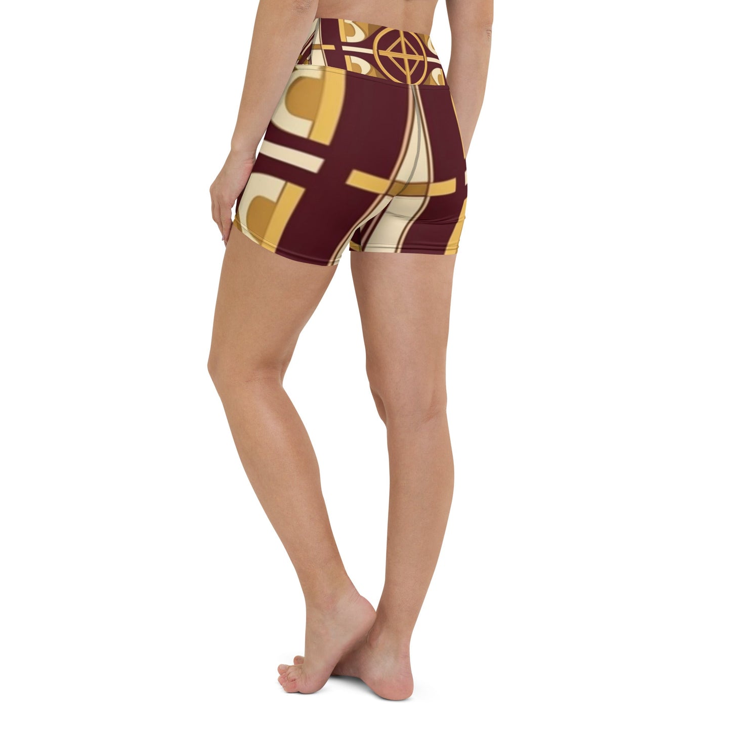 Front Burgundy Signature Scarf Design Women's Yoga Shorts yoga #MzKittyz #NikkiDKatArt