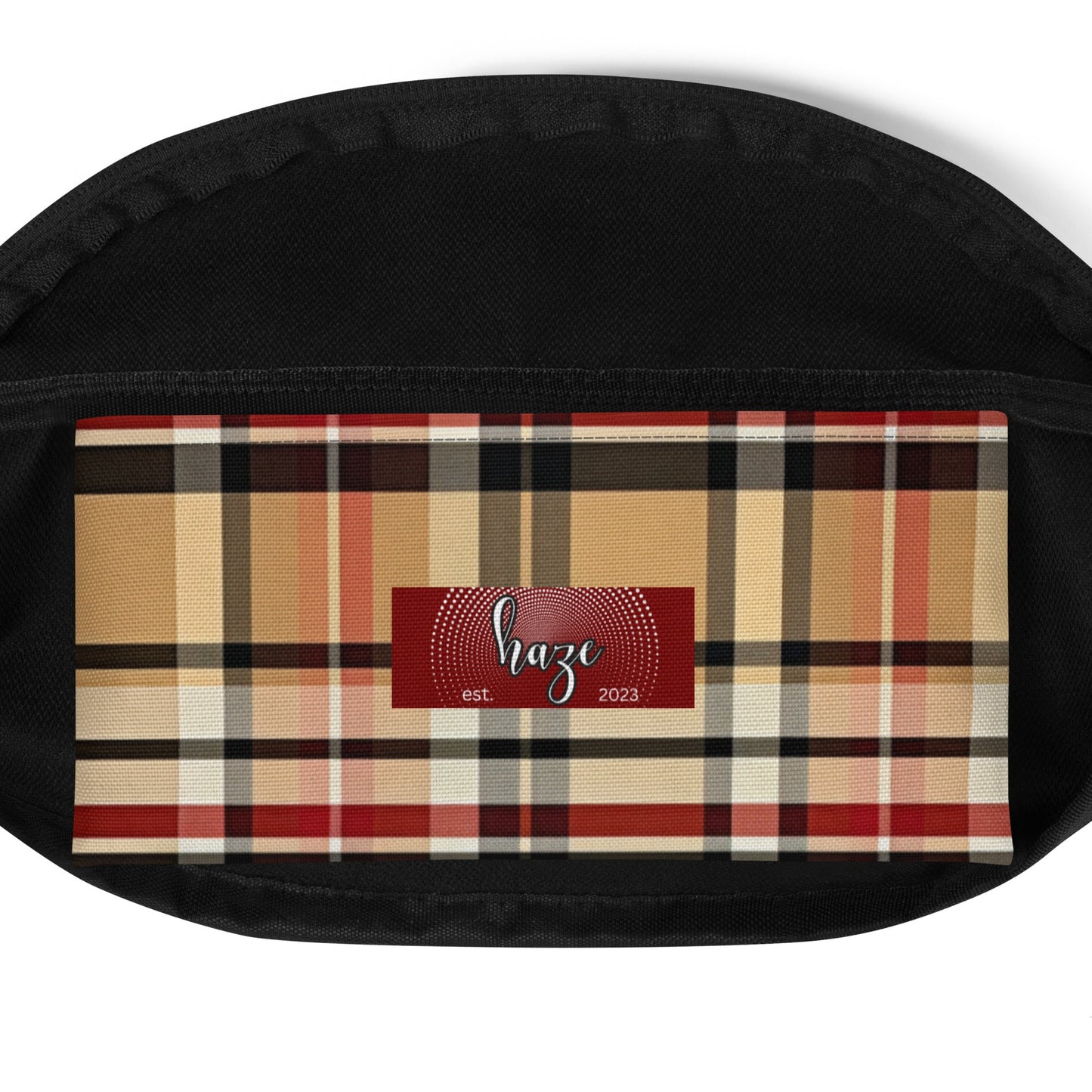 Front Beige Plaid Adjustable Fanny Pack #MzKittyz #NikkiDKatArt