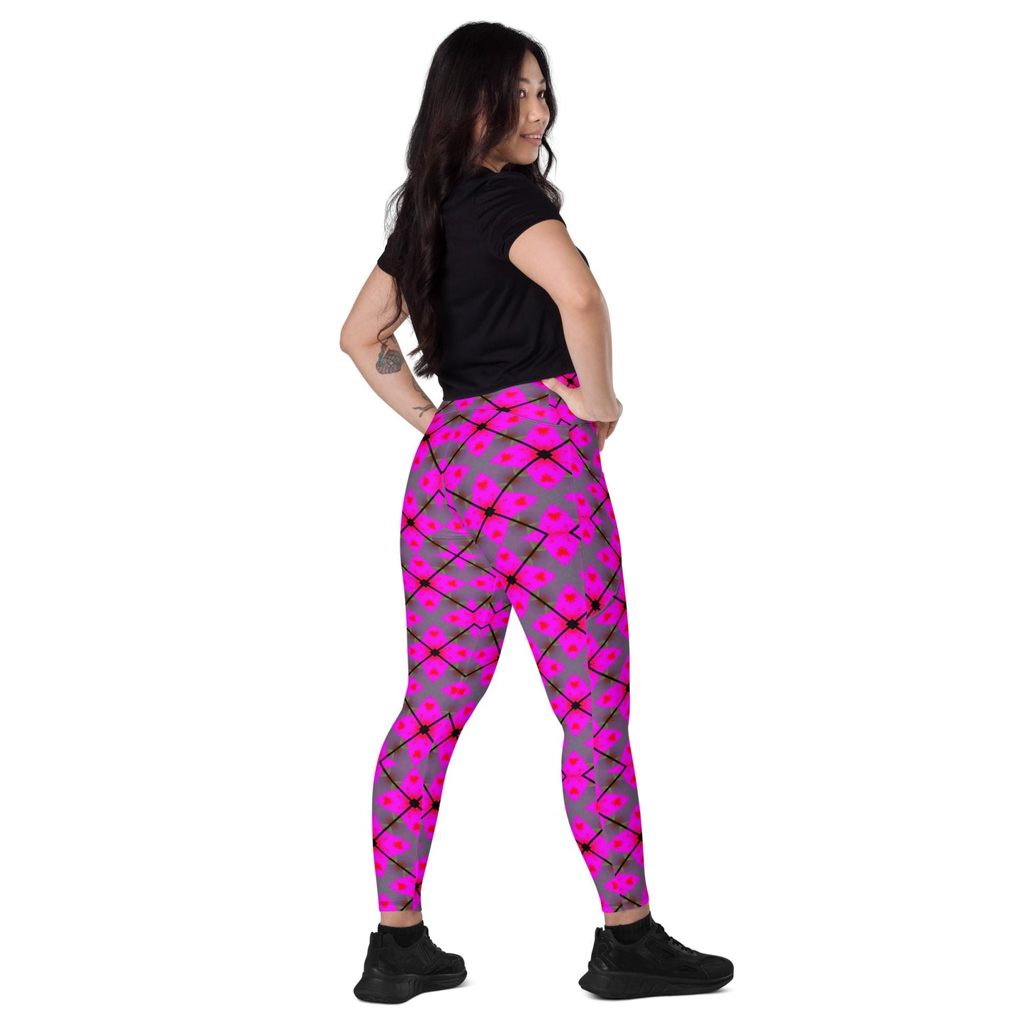 Front Pink Plaid Crossover leggings with pockets #MzKittyz #NikkiDKatArt