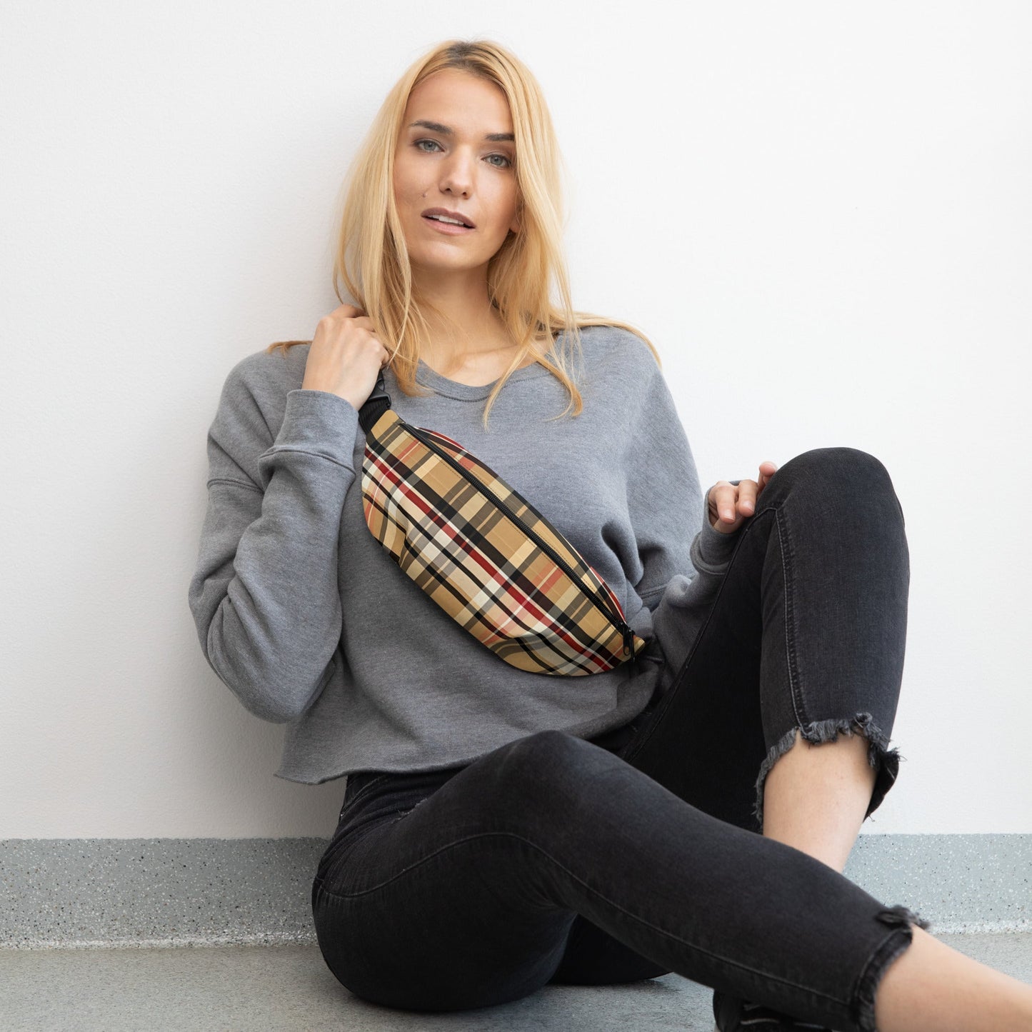 Front Beige Plaid Adjustable Fanny Pack #MzKittyz #NikkiDKatArt
