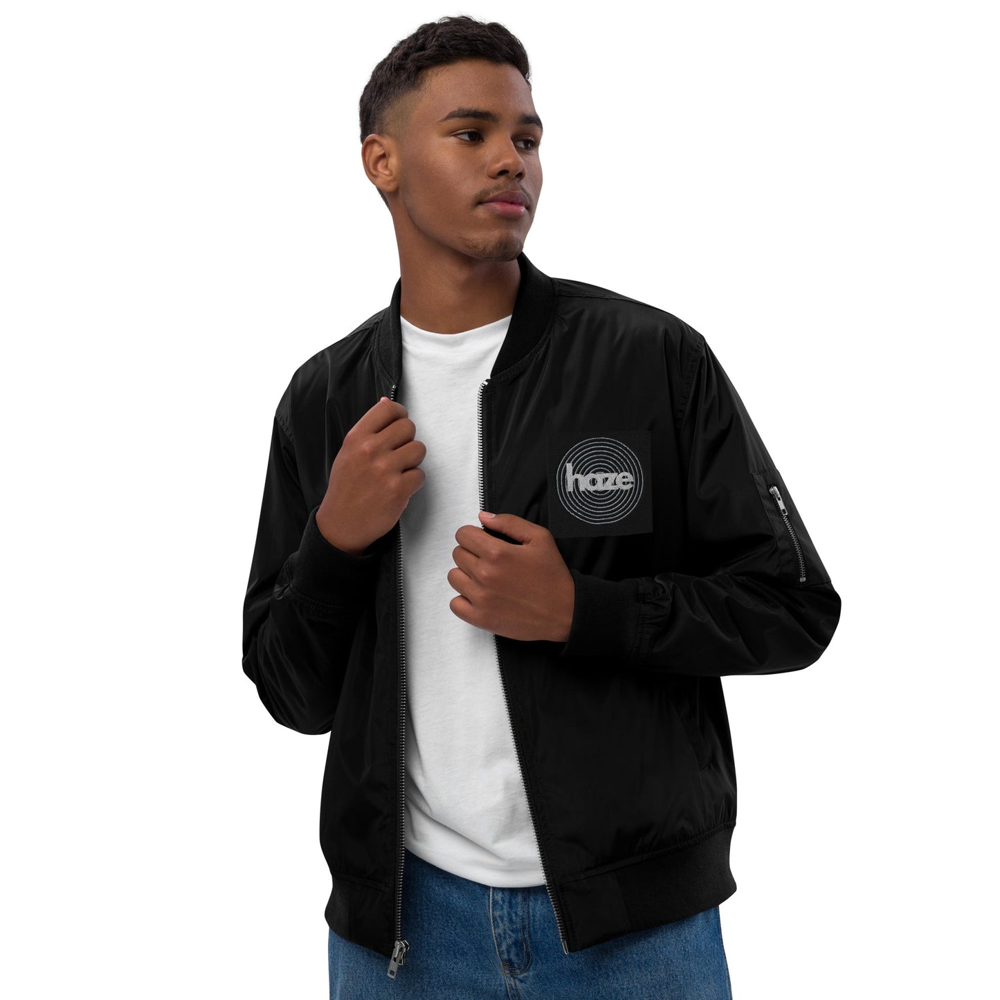 Front haze logo Embroidered Unisex Premium recycled bomber jacket Jacket #MzKittyz #NikkiDKatArt