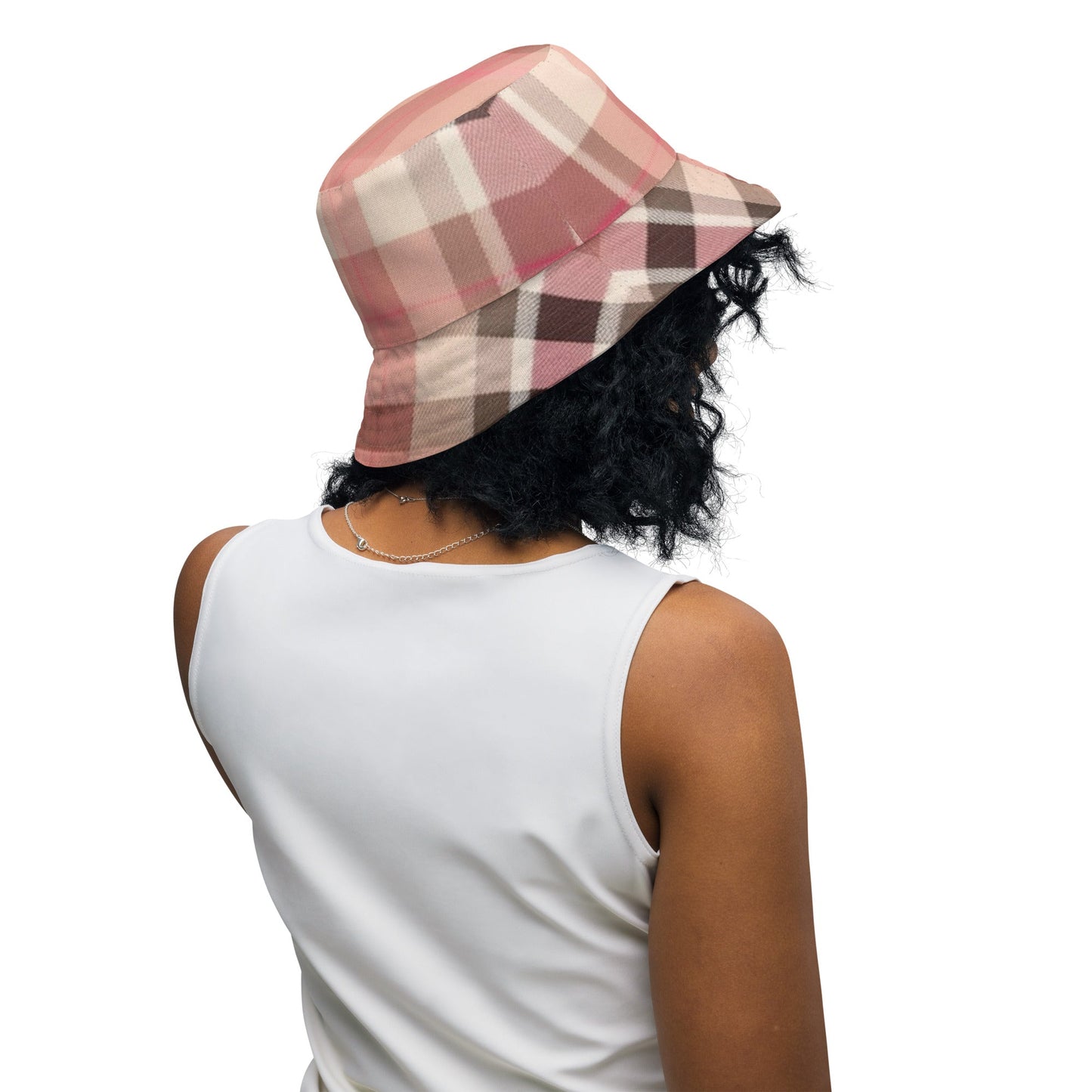 Front Lt Pink Plaid Unisex Reversible Bucket Hat Bucket #MzKittyz #NikkiDKatArt