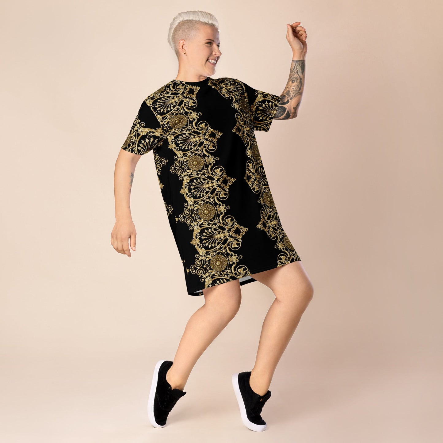 Front Lacie Lace Baroque Gold Women's T-shirt dress #MzKittyz #NikkiDKatArt