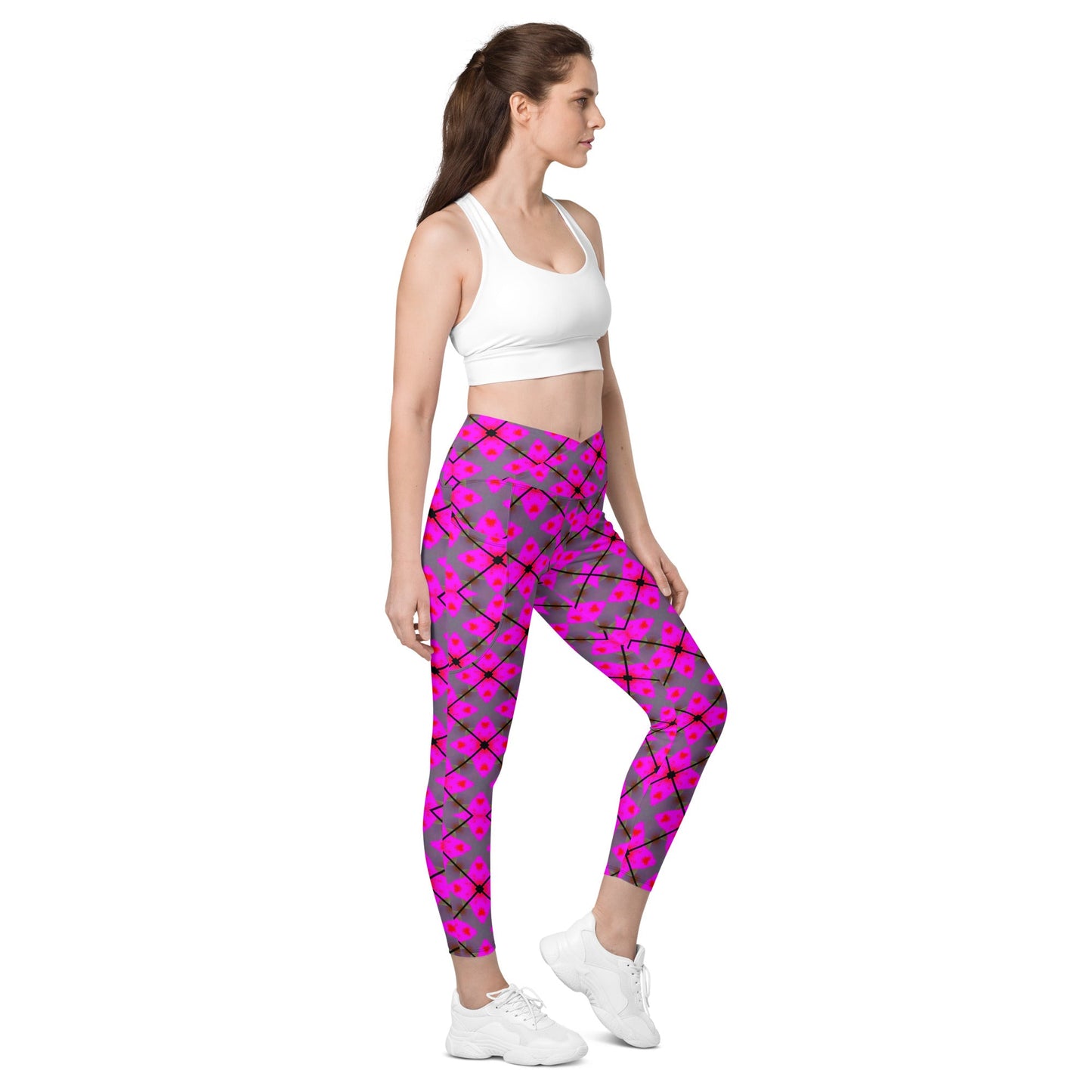 Front Pink Plaid Crossover leggings with pockets #MzKittyz #NikkiDKatArt
