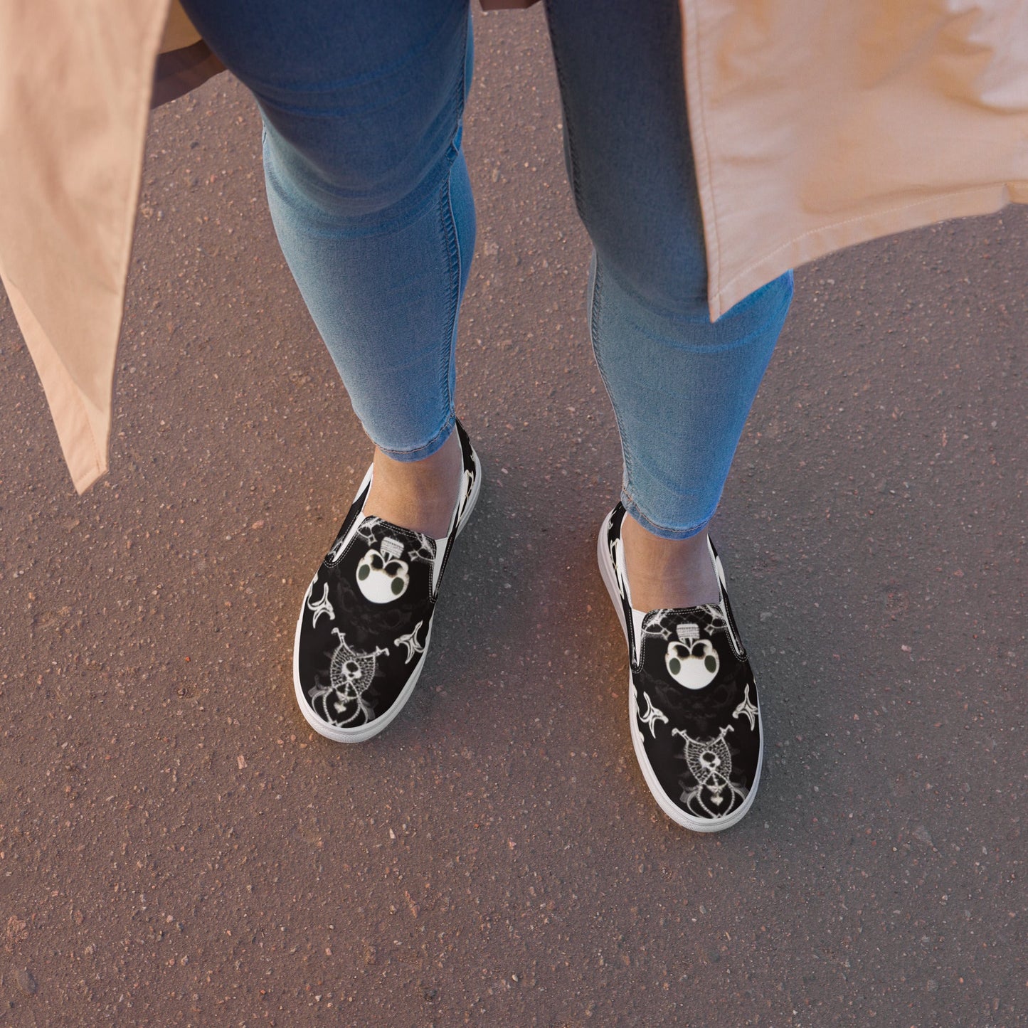 Front Skully Lace Women’s slip-on canvas shoes #MzKittyz #NikkiDKatArt