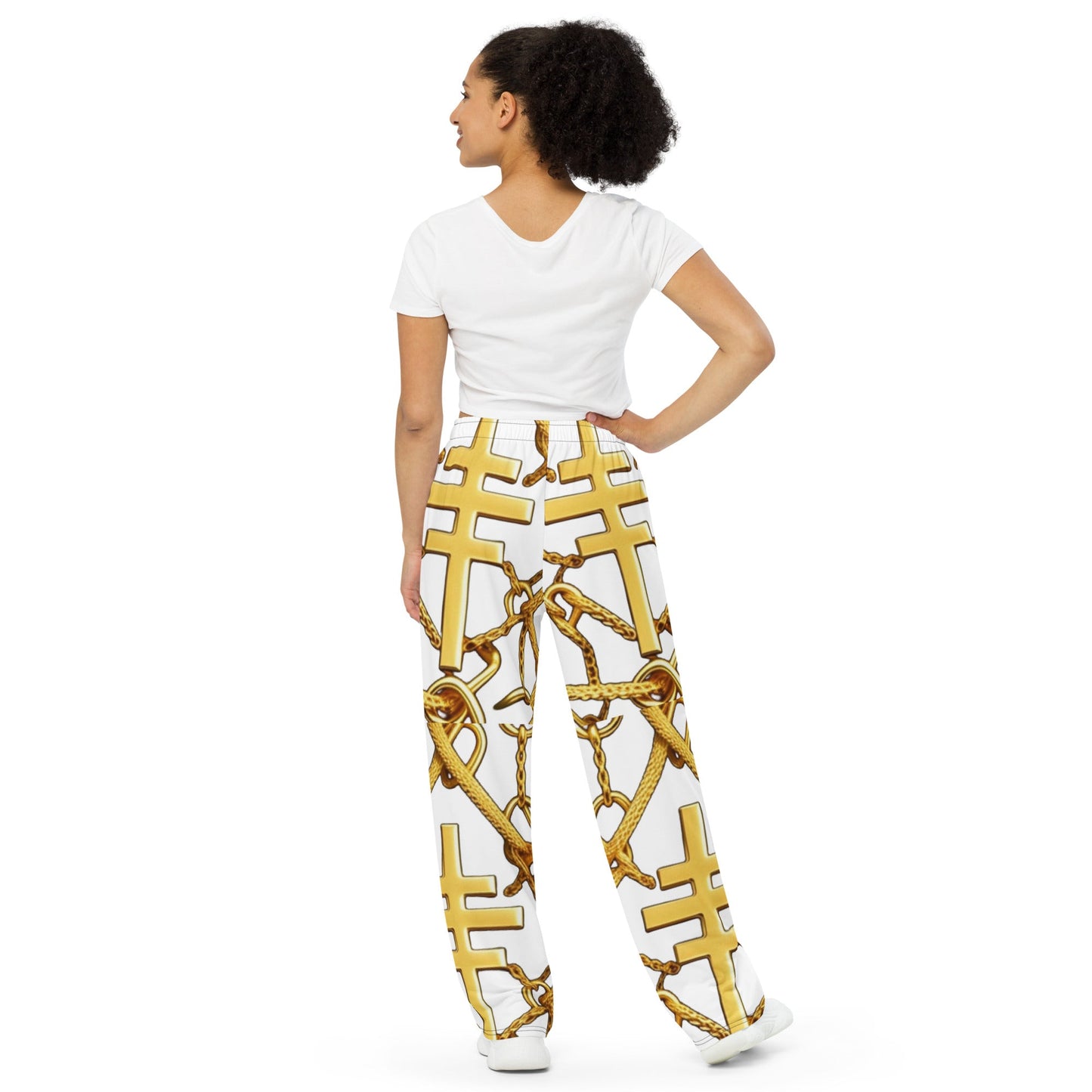 Front Gospel Link Chain unisex wide-leg pants Wide Legged Pant #MzKittyz #NikkiDKatArt