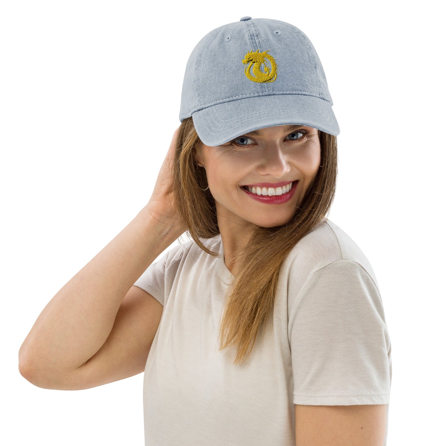 Front Golden Dragon 3D Embroidered Denim Hat #MzKittyz #NikkiDKatArt