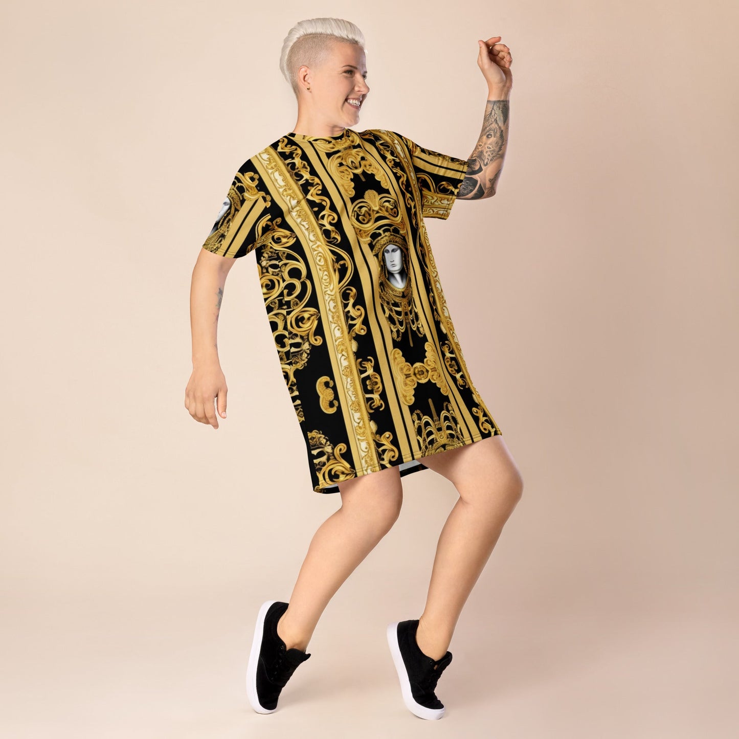 Front Gold & Black Baroque Scarf Design T-shirt dress T-shirt #MzKittyz #NikkiDKatArt