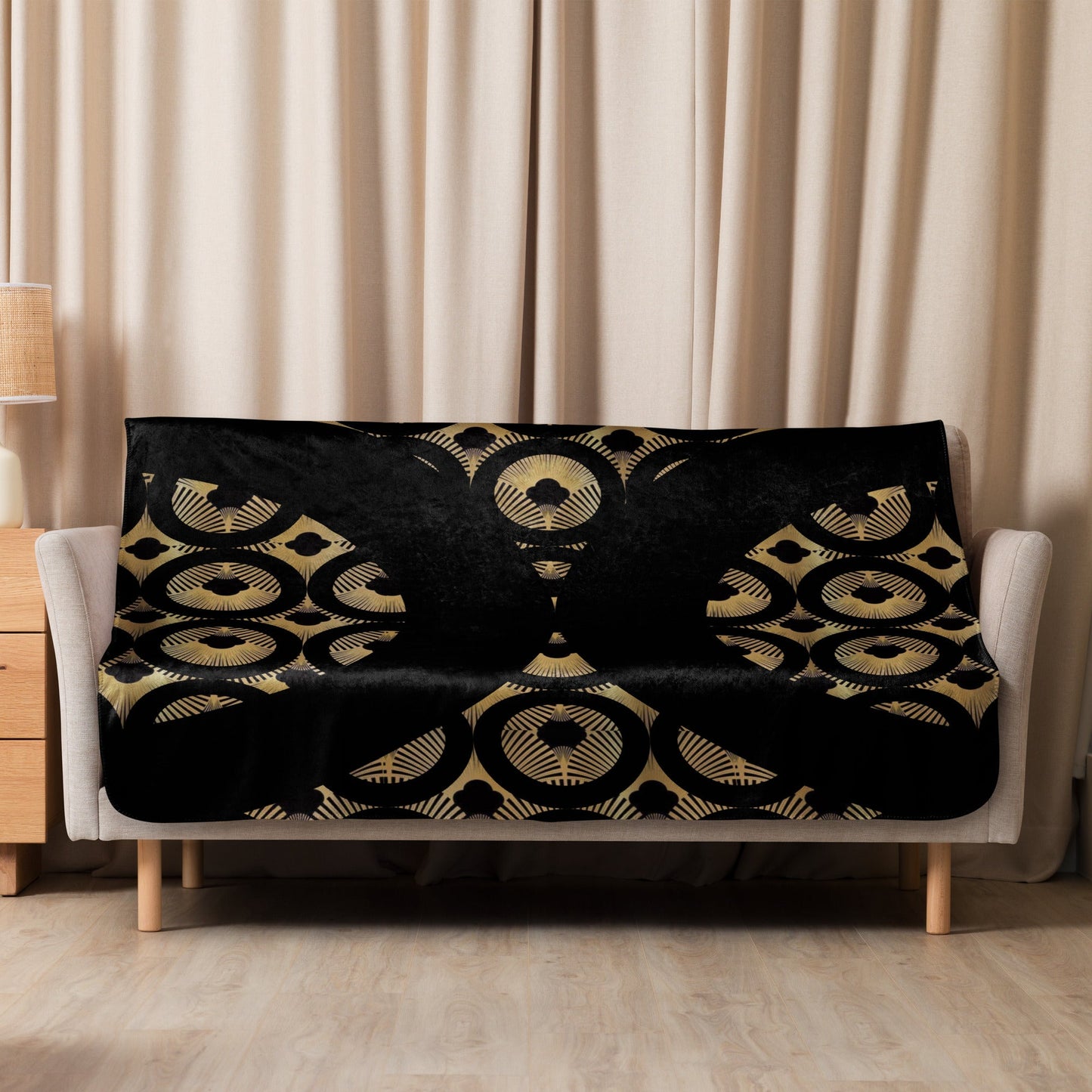 Front Art Deco, Black & Gold, Sherpa blanket in 3 sizes Throw #MzKittyz #NikkiDKatArt