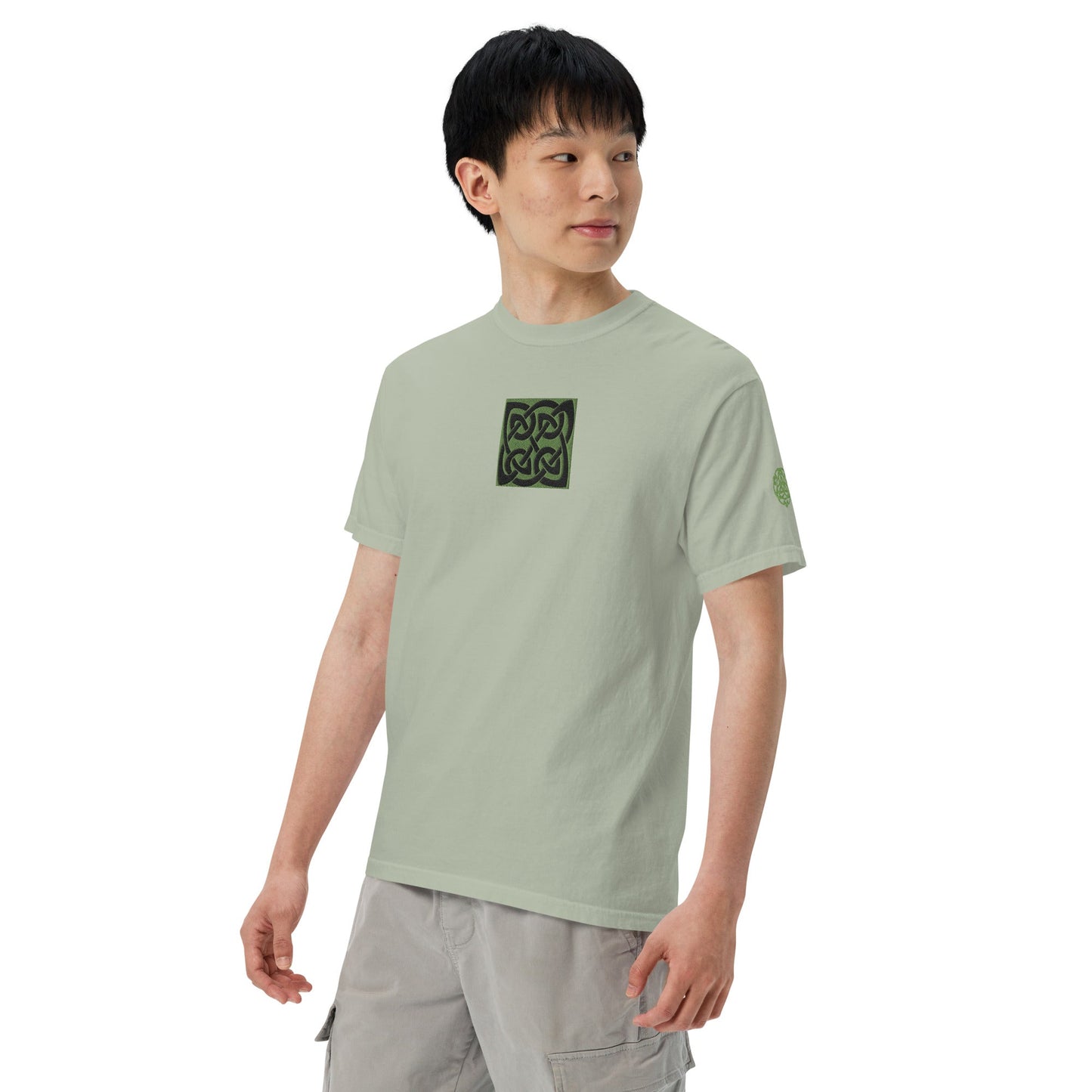 Front Celtic Knot Designs Embroidered- Unisex, garment-dyed Heavyweight T-shirt #MzKittyz #NikkiDKatArt