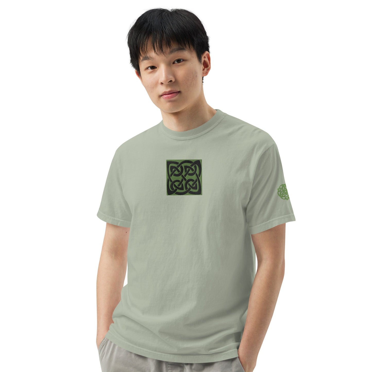 Front Celtic Knot Designs Embroidered- Unisex, garment-dyed Heavyweight T-shirt #MzKittyz #NikkiDKatArt