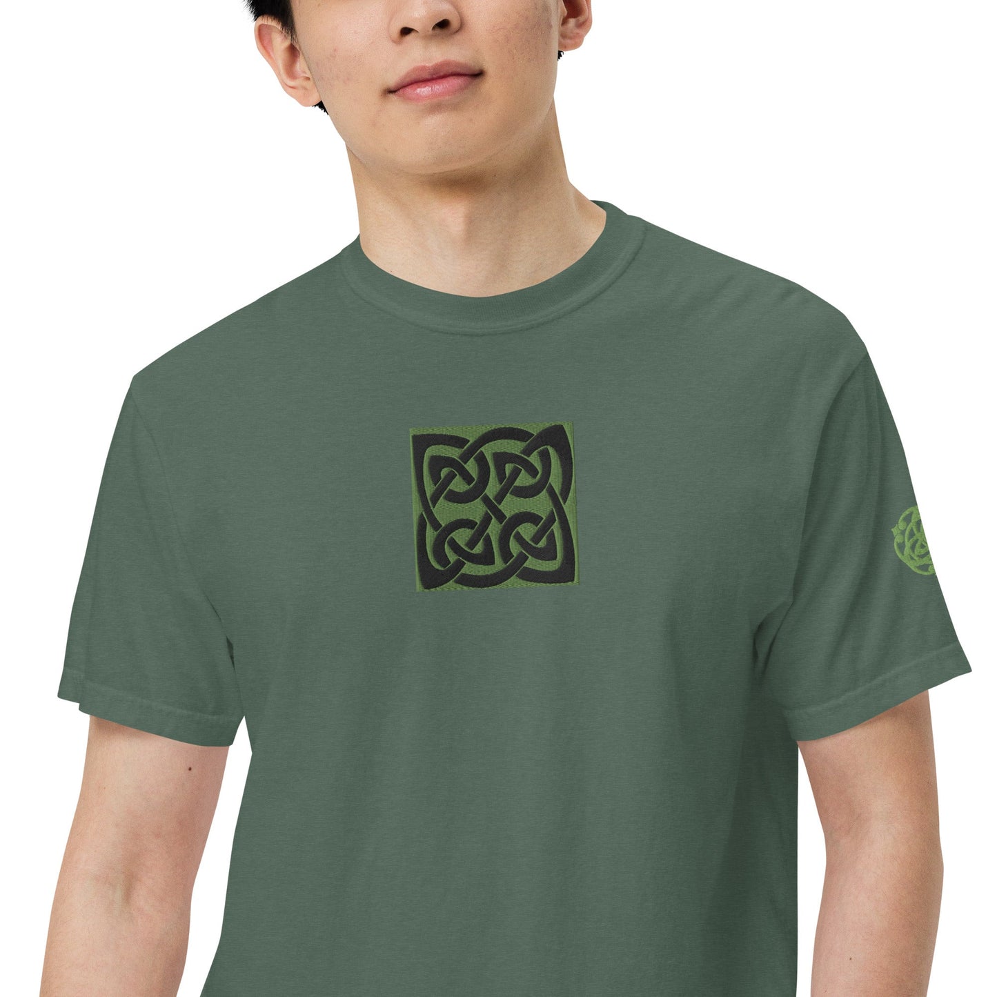 Front Celtic Knot Designs Embroidered- Unisex, garment-dyed Heavyweight T-shirt #MzKittyz #NikkiDKatArt