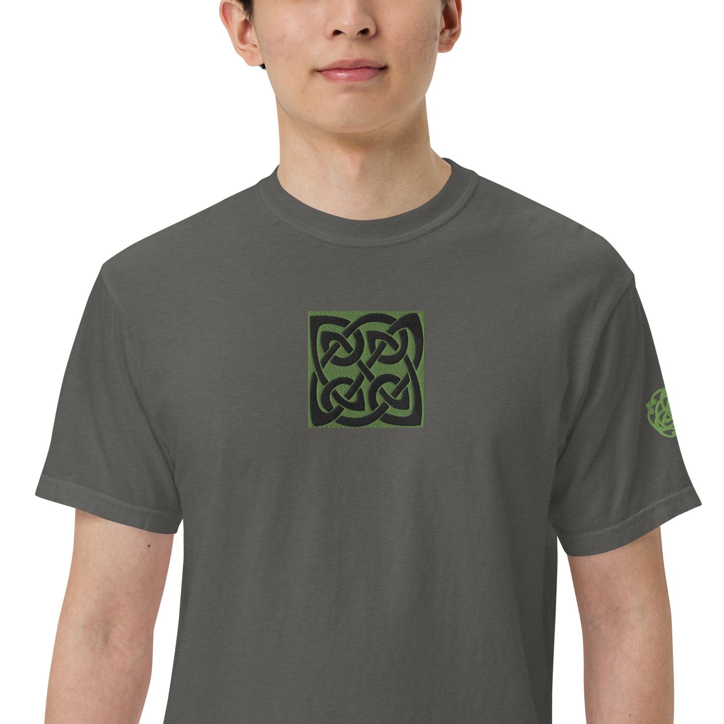 Front Celtic Knot Designs Embroidered- Unisex, garment-dyed Heavyweight T-shirt #MzKittyz #NikkiDKatArt