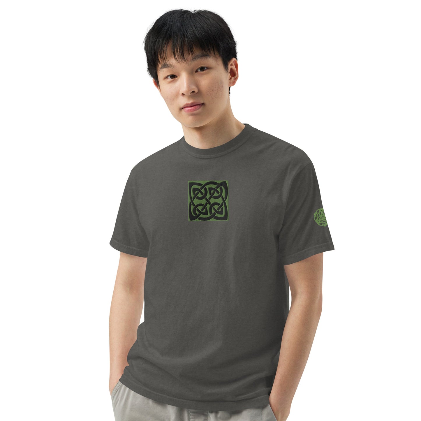 Front Celtic Knot Designs Embroidered- Unisex, garment-dyed Heavyweight T-shirt #MzKittyz #NikkiDKatArt