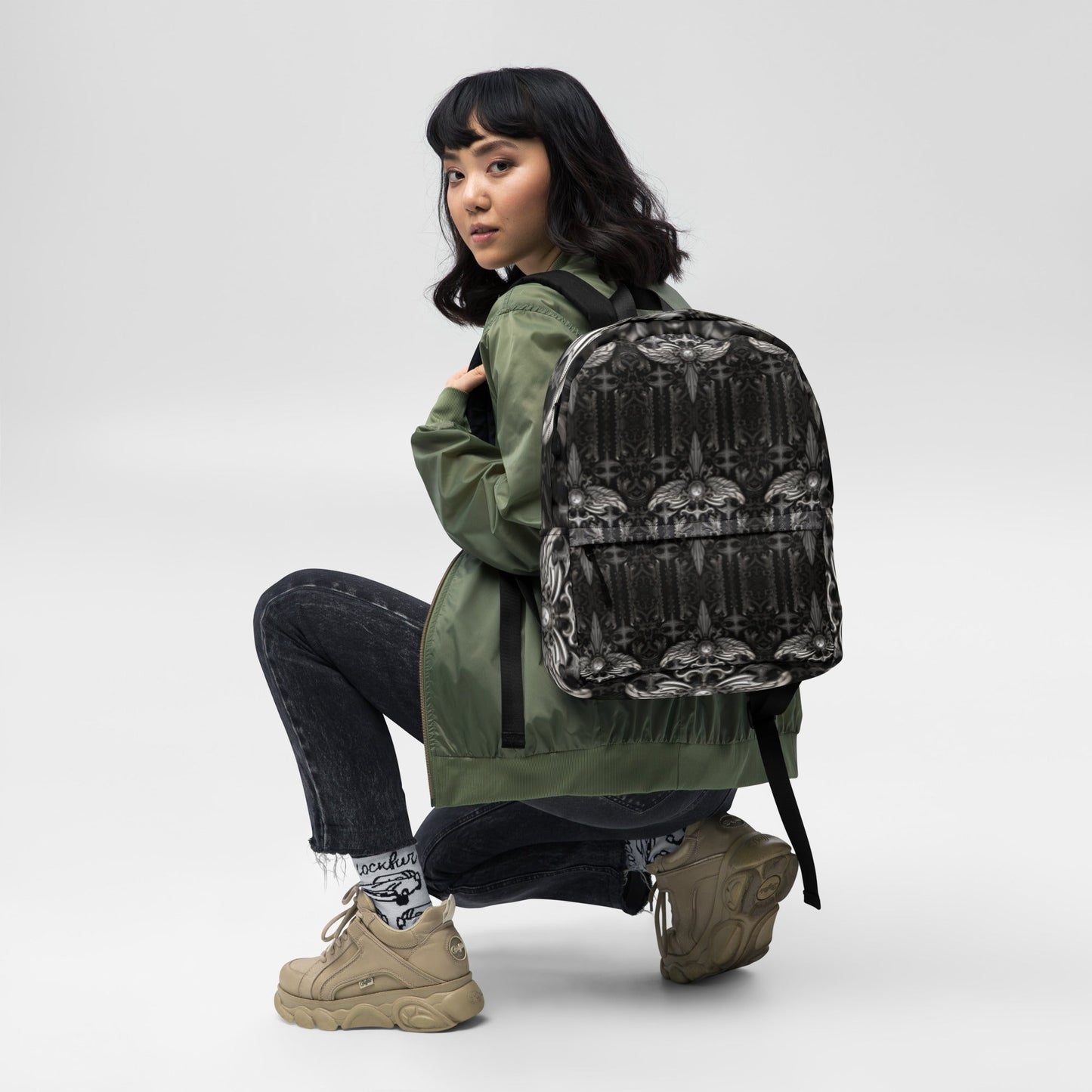 Front Chrome Cross & Angel Wingz Medium Backpack w/Pockets #MzKittyz #NikkiDKatArt