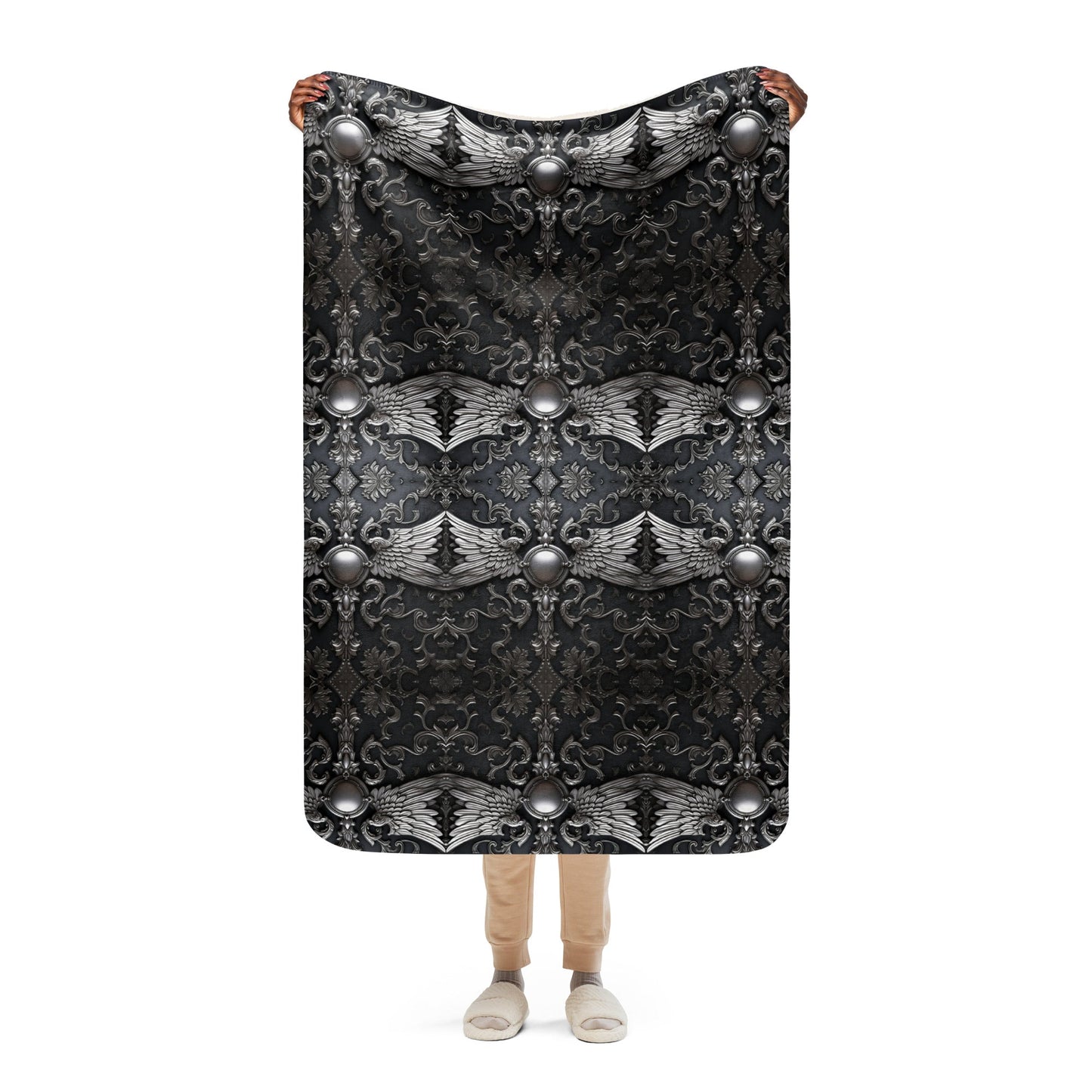 Front Chrome Cross w/Wings- Sherpa Throw Blanket 37" x 57" #MzKittyz #NikkiDKatArt