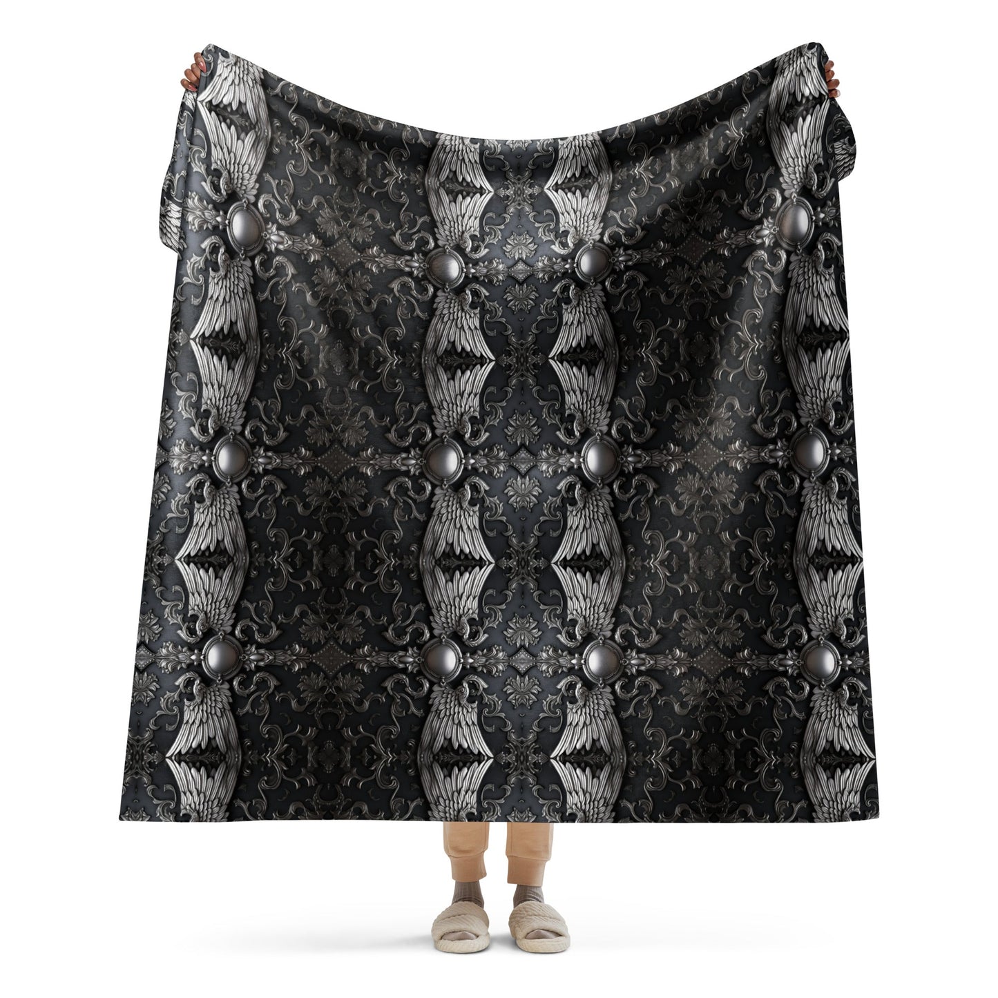 Front Chrome Crosses & Wings Sherpa Blanket 60" x 70" #MzKittyz #NikkiDKatArt