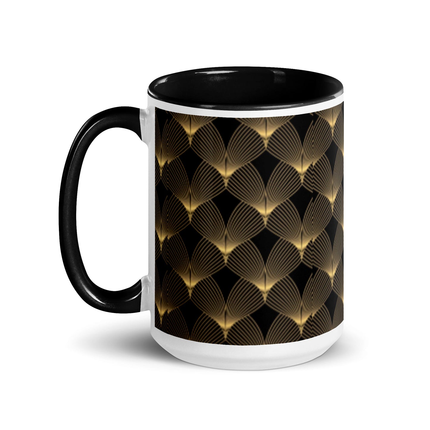 Front Deco Art Fan Design - Mug with Black Inside & on Handle - 15 oz Ceramic 15 oz #MzKittyz #NikkiDKatArt