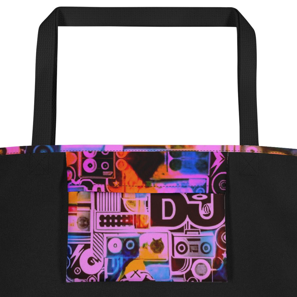 Inside Pocket - Dj Love Design All-Over Print- Large Tote Bag - Black or Yellow Cotton Handles Beach Bag - 44 lbs #MzKittyz
