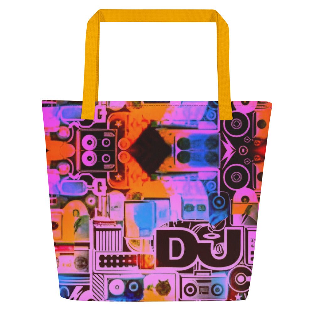 Front Dj Love Design All-Over Print- Large Tote Bag - Black or Yellow Cotton Handles Beach Bag #MzKittyz #NikkiDKatArt