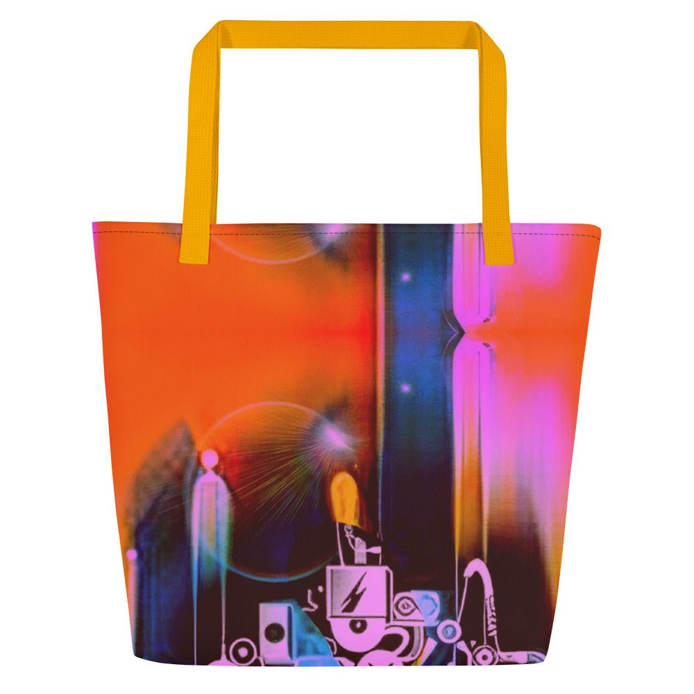 Back Dj Love Design All-Over Print- Large Tote Bag - Black or Yellow Cotton Handles Beach Bag #MzKittyz #NikkiDKatArt
