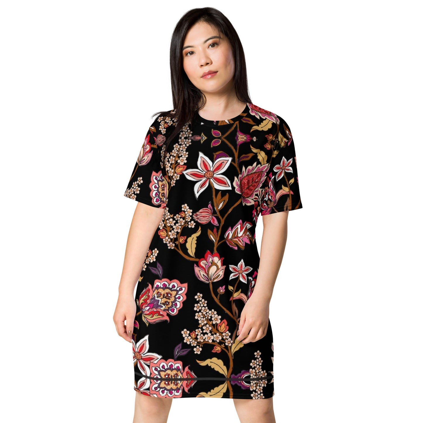 Front Embroidered Look Floral Design All Over Print T-shirt dress Sizes up to 6XL #MzKittyz #NikkiDKatArt