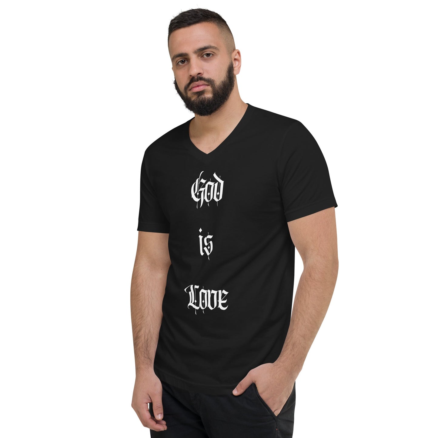 Front God Is Love, Love Is God, Black, Unisex Short Sleeve V-Neck T-Shirt, Up to 2XL #MzKittyz #NikkiDKatArt