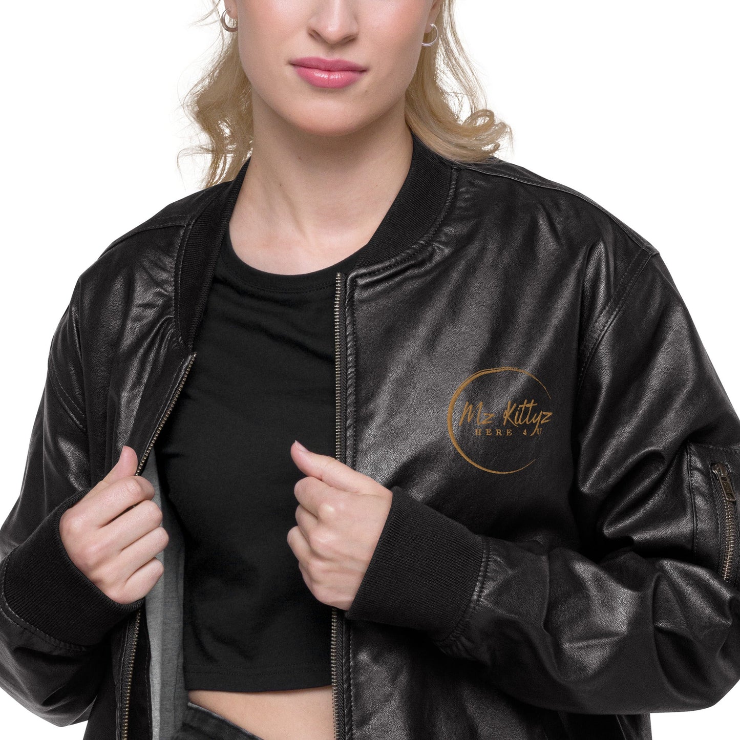Front Kross Kolours Cross - Mz Kittyz Koz Limited Edition, Unisex, Leather Bomber Jacket - Eco Friendly #MzKittyz #NikkiDKatArt