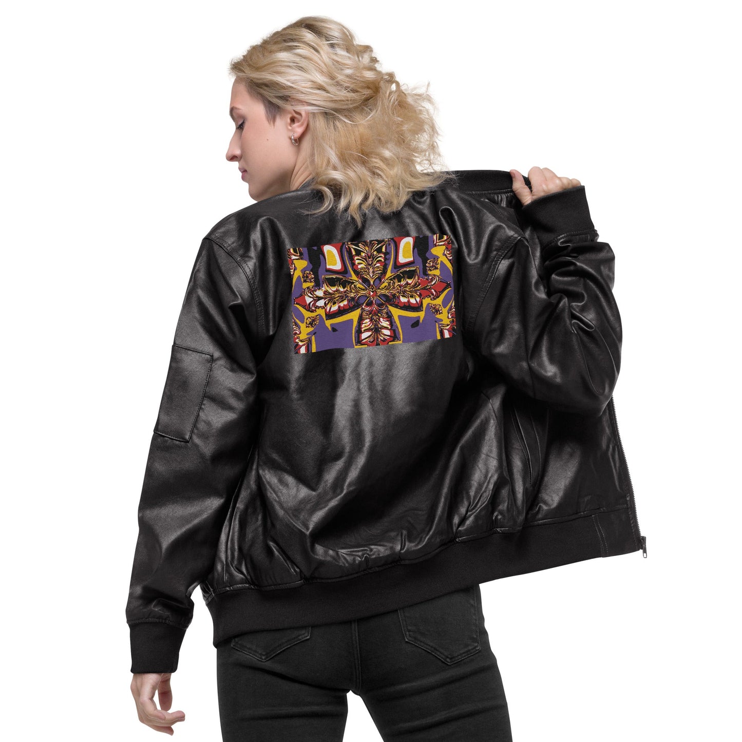Front Kross Kolours Cross - Mz Kittyz Koz Limited Edition, Unisex, Leather Bomber Jacket - Eco Friendly #MzKittyz #NikkiDKatArt