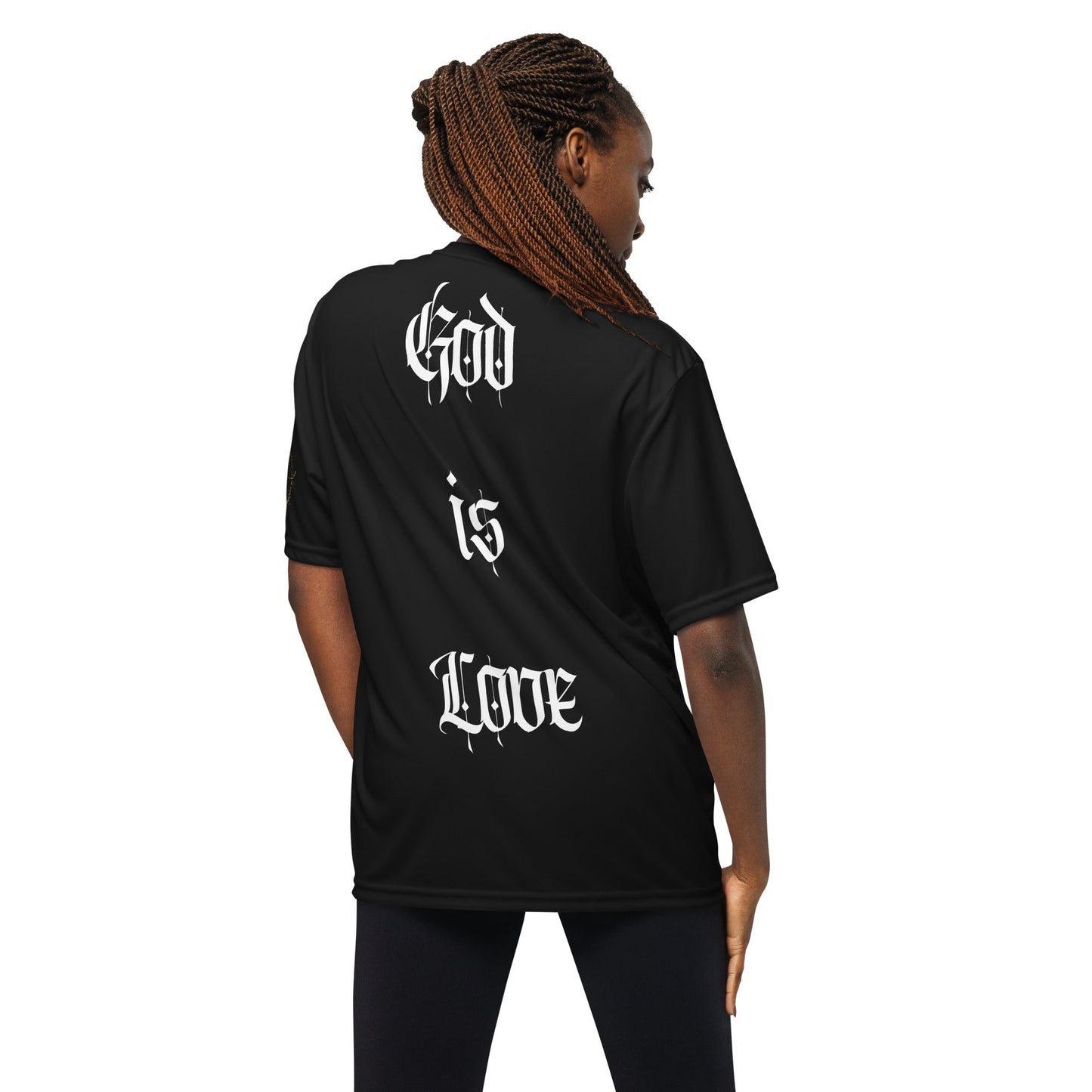 Front "Love is God, God is Love" Unisex performance Crew Neck T-shirt Tshirt, Moisture Wicking - Unisex #MzKittyz #NikkiDKatArt