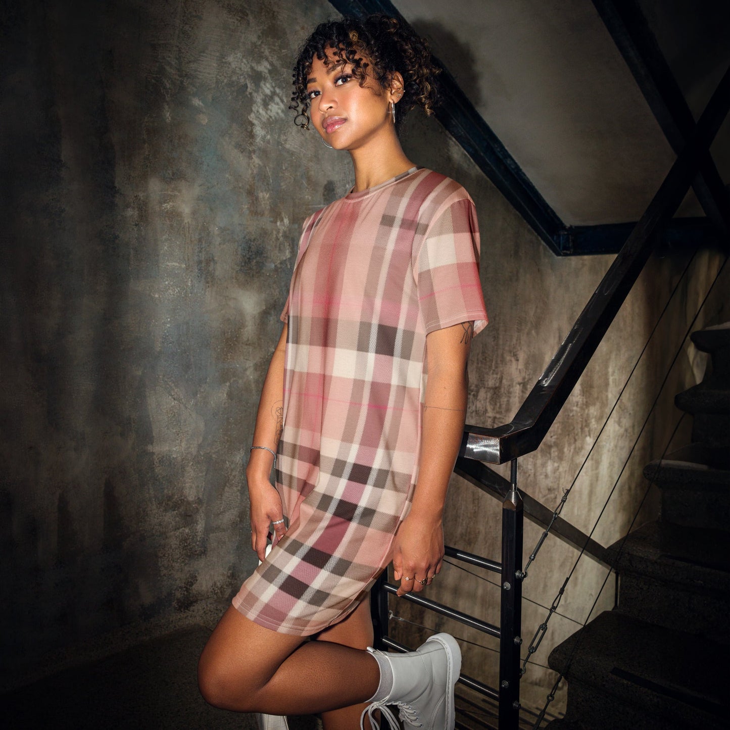 Front Lt. Pink Plaid - Oversized, Stretchy, T-shirt Dress - 2XS-6XL T-shirt #MzKittyz #NikkiDKatArt