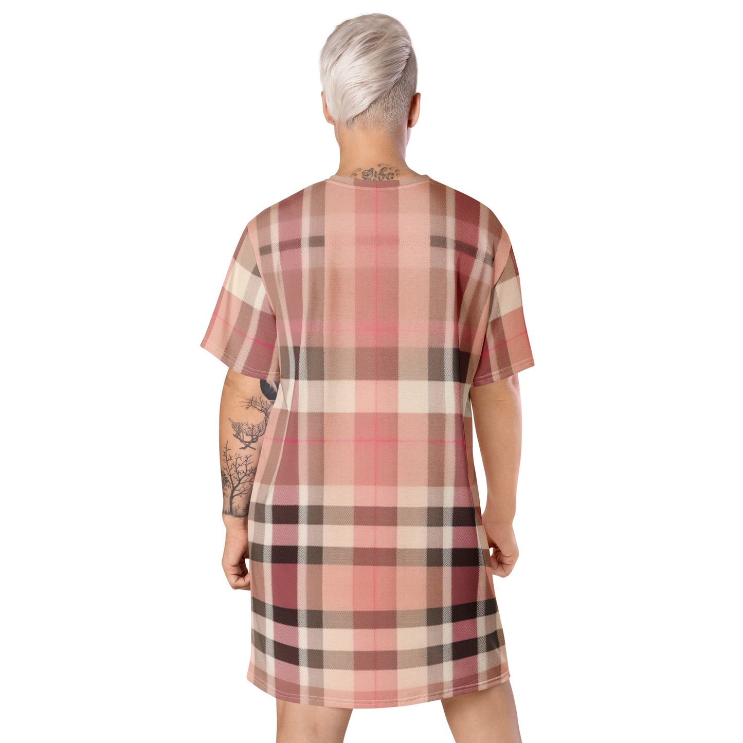 Front Lt. Pink Plaid - Oversized, Stretchy, T-shirt Dress - 2XS-6XL T-shirt #MzKittyz #NikkiDKatArt