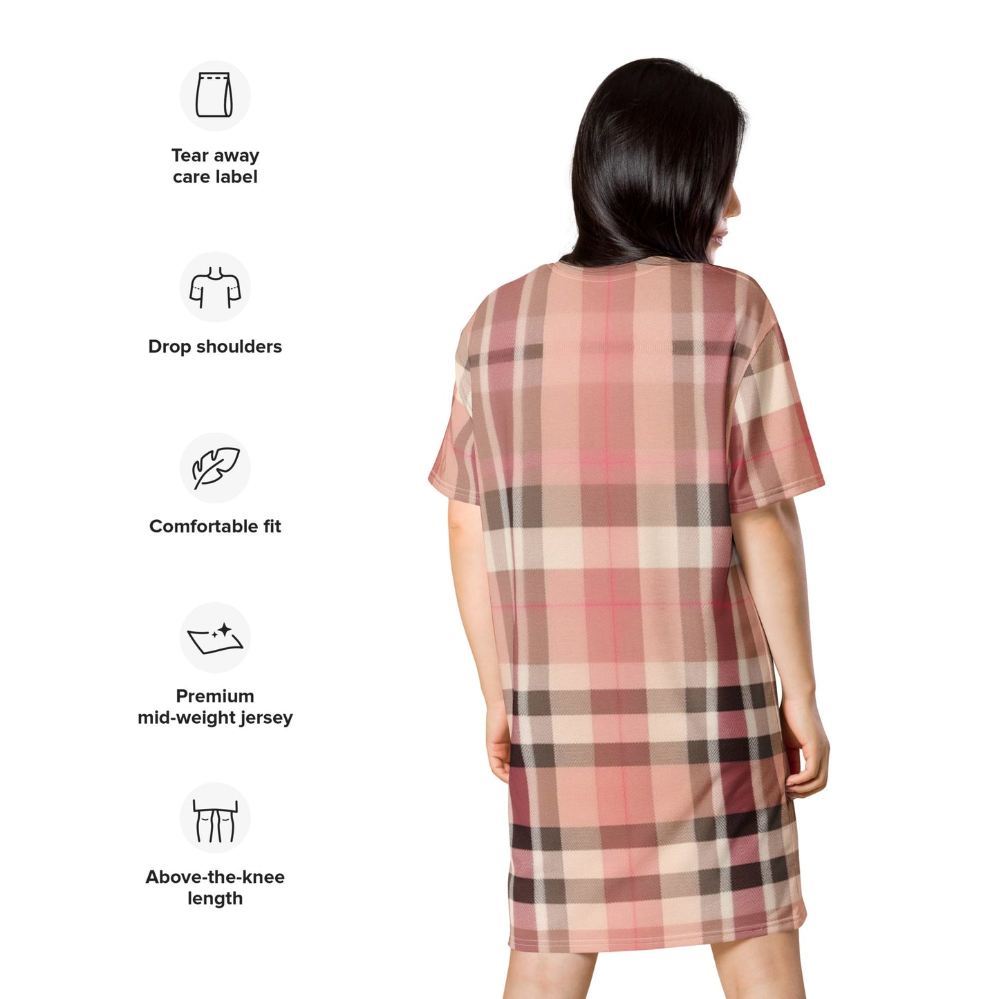 Front Lt. Pink Plaid - Oversized, Stretchy, T-shirt Dress - 2XS-6XL T-shirt #MzKittyz #NikkiDKatArt