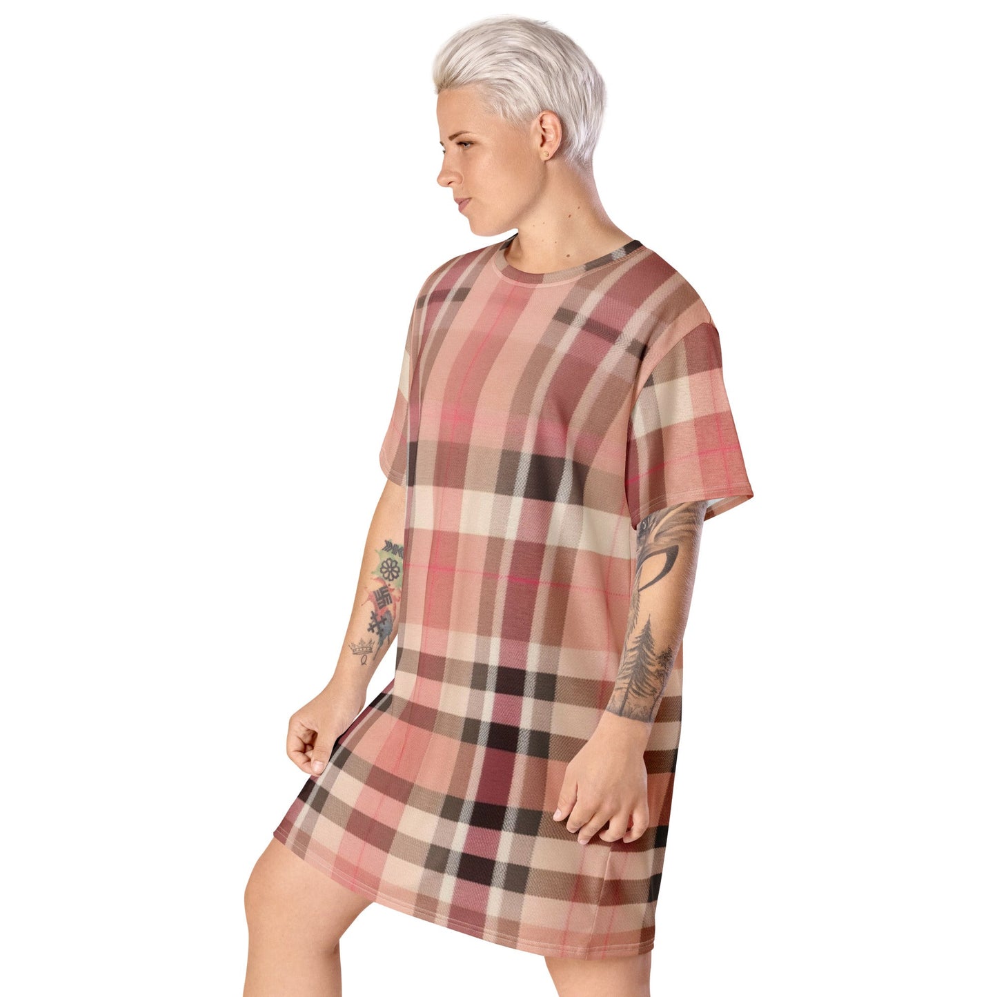 Front Lt. Pink Plaid - Oversized, Stretchy, T-shirt Dress - 2XS-6XL T-shirt #MzKittyz #NikkiDKatArt