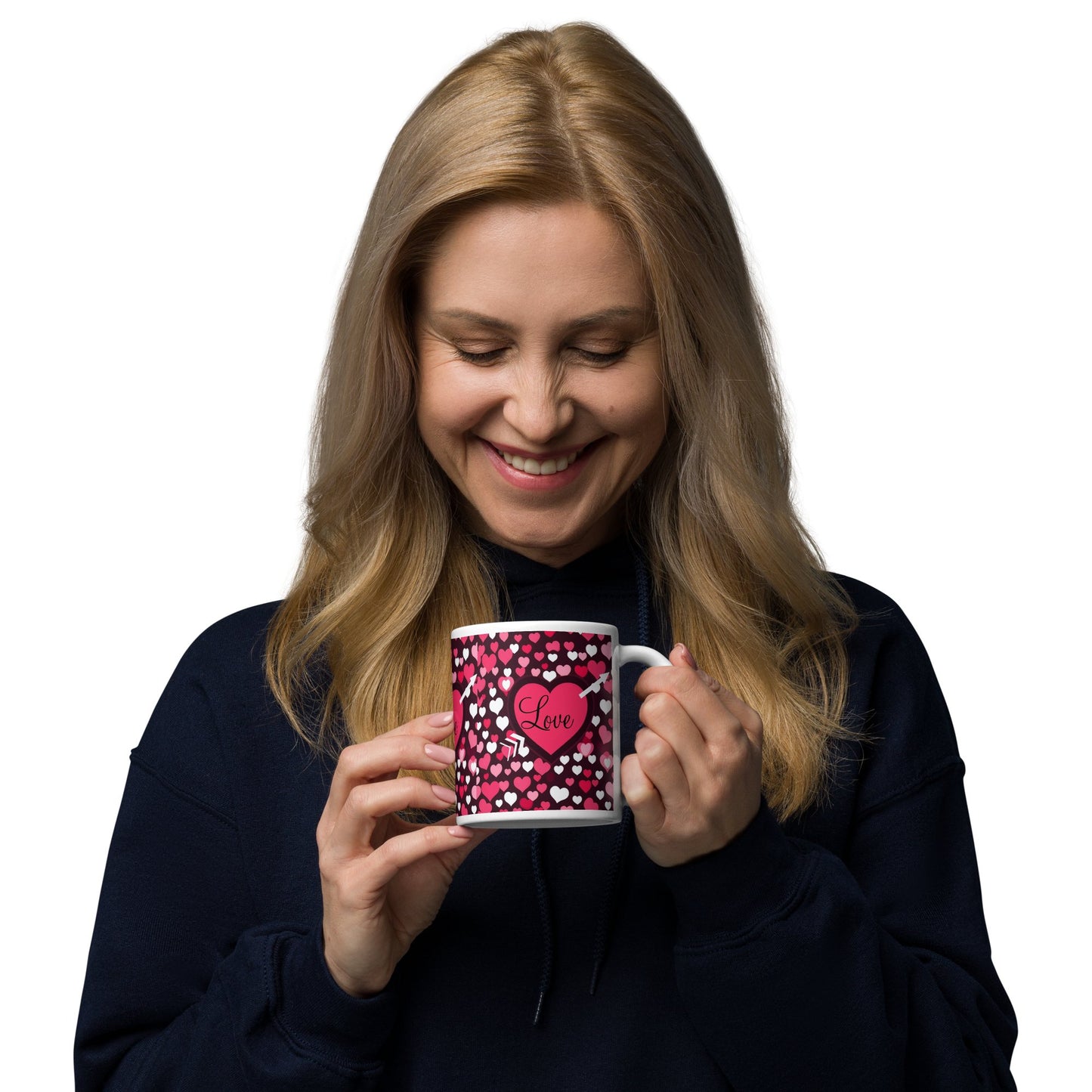 Front Mz Kittyz Valentine's Day "Love" Design - White glossy mug- 11 oz, 15 oz, 20 oz | Dishwasher & Microwave Safe #MzKittyz #NikkiDKatArt