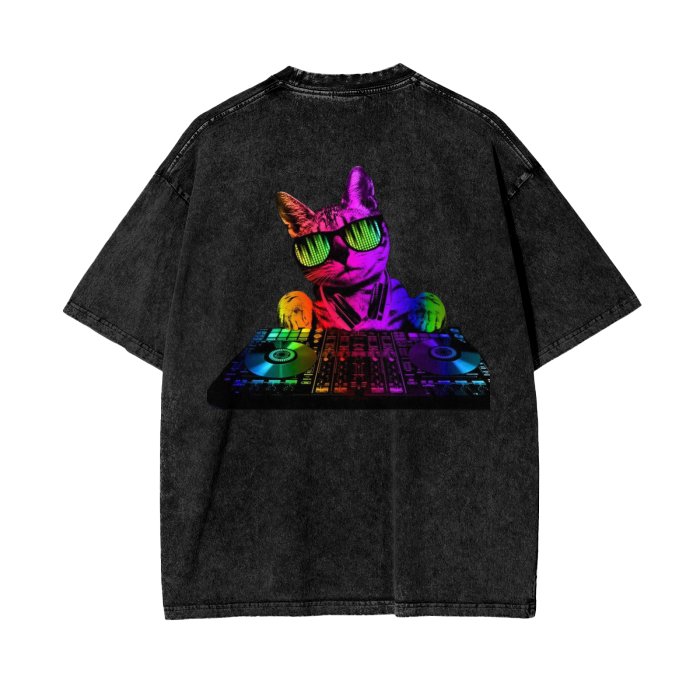 Front Rain Music Dj Kittyz - Streetwear Unisex Oversized Snow Wash T-Shirt | Up to 2XL - 7 colors - Front & Back Print #MzKittyz #NikkiDKatArt