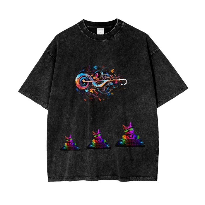 Front Rain Music Dj Kittyz - Streetwear Unisex Oversized Snow Wash T-Shirt | Up to 2XL - 7 colors - Front & Back Print #MzKittyz #NikkiDKatArt