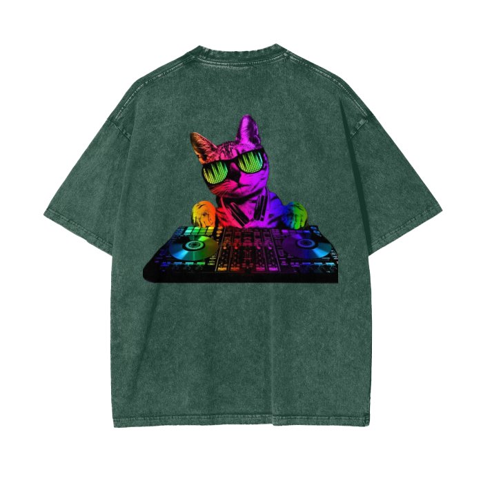 Front Rain Music Dj Kittyz - Streetwear Unisex Oversized Snow Wash T-Shirt | Up to 2XL - 7 colors - Front & Back Print #MzKittyz #NikkiDKatArt